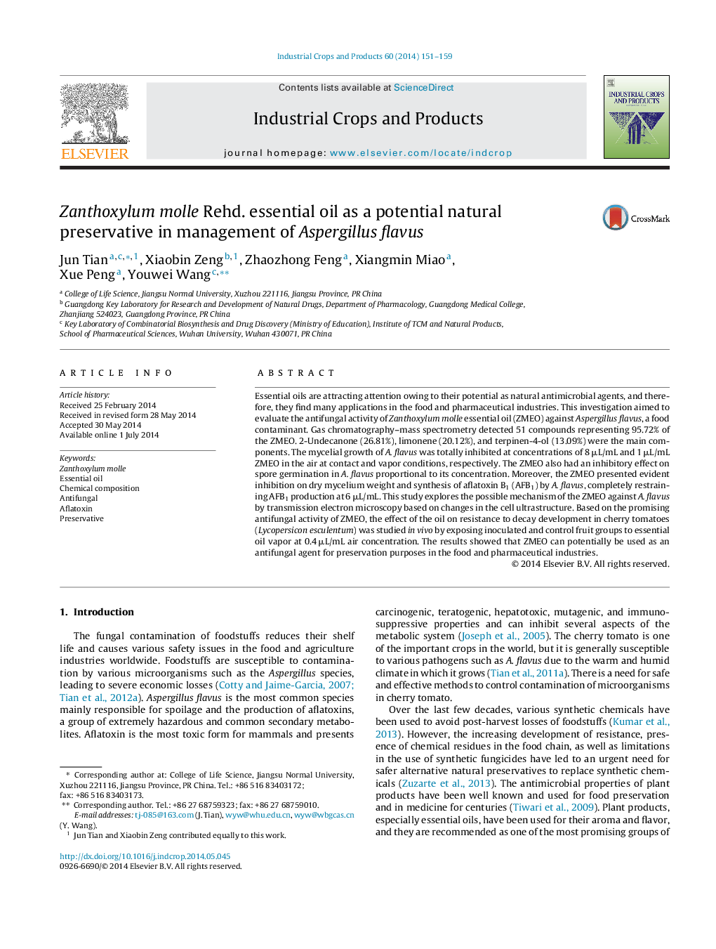 Zanthoxylum molle Rehd. essential oil as a potential natural preservative in management of Aspergillus flavus