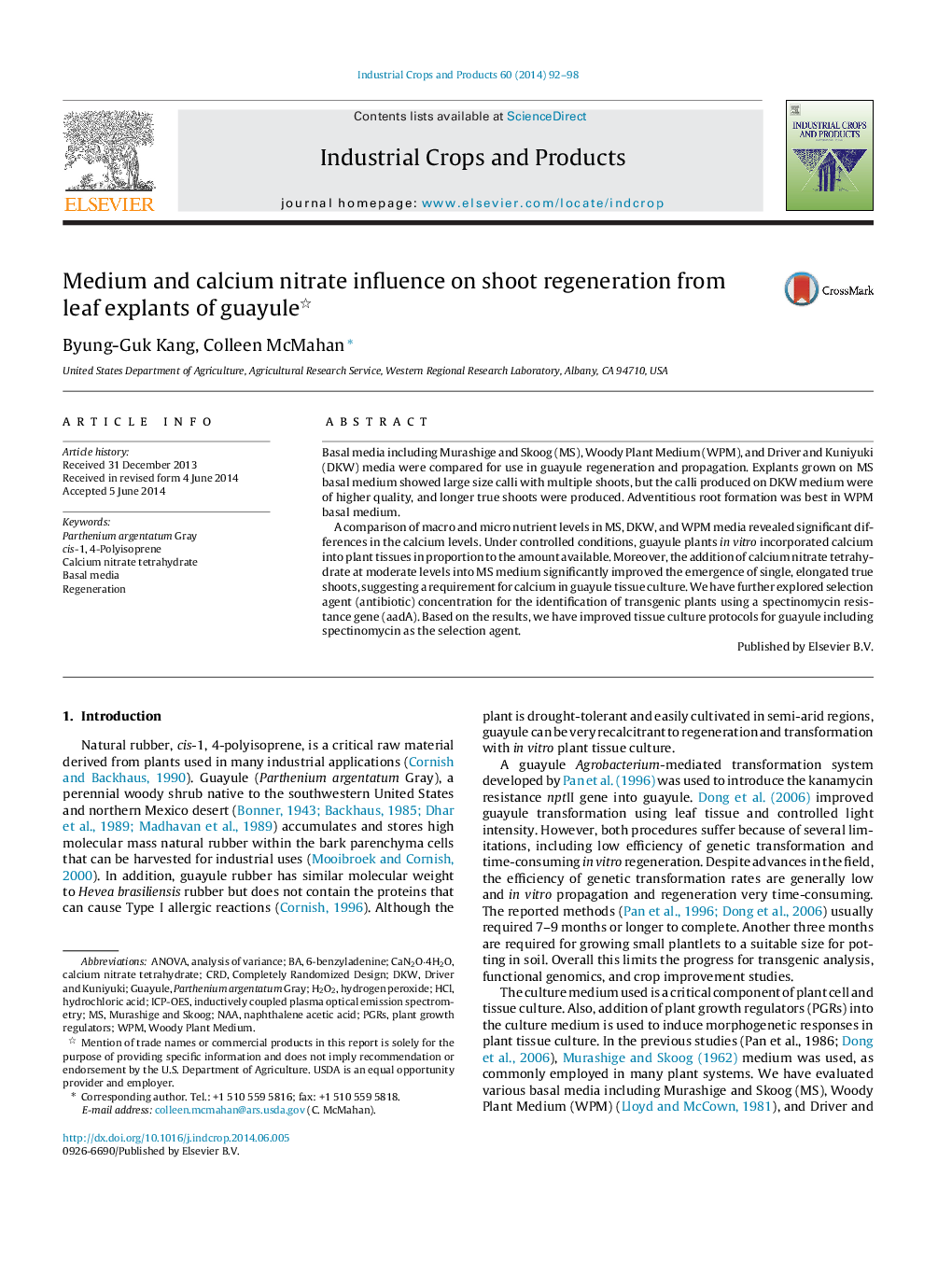 Medium and calcium nitrate influence on shoot regeneration from leaf explants of guayule