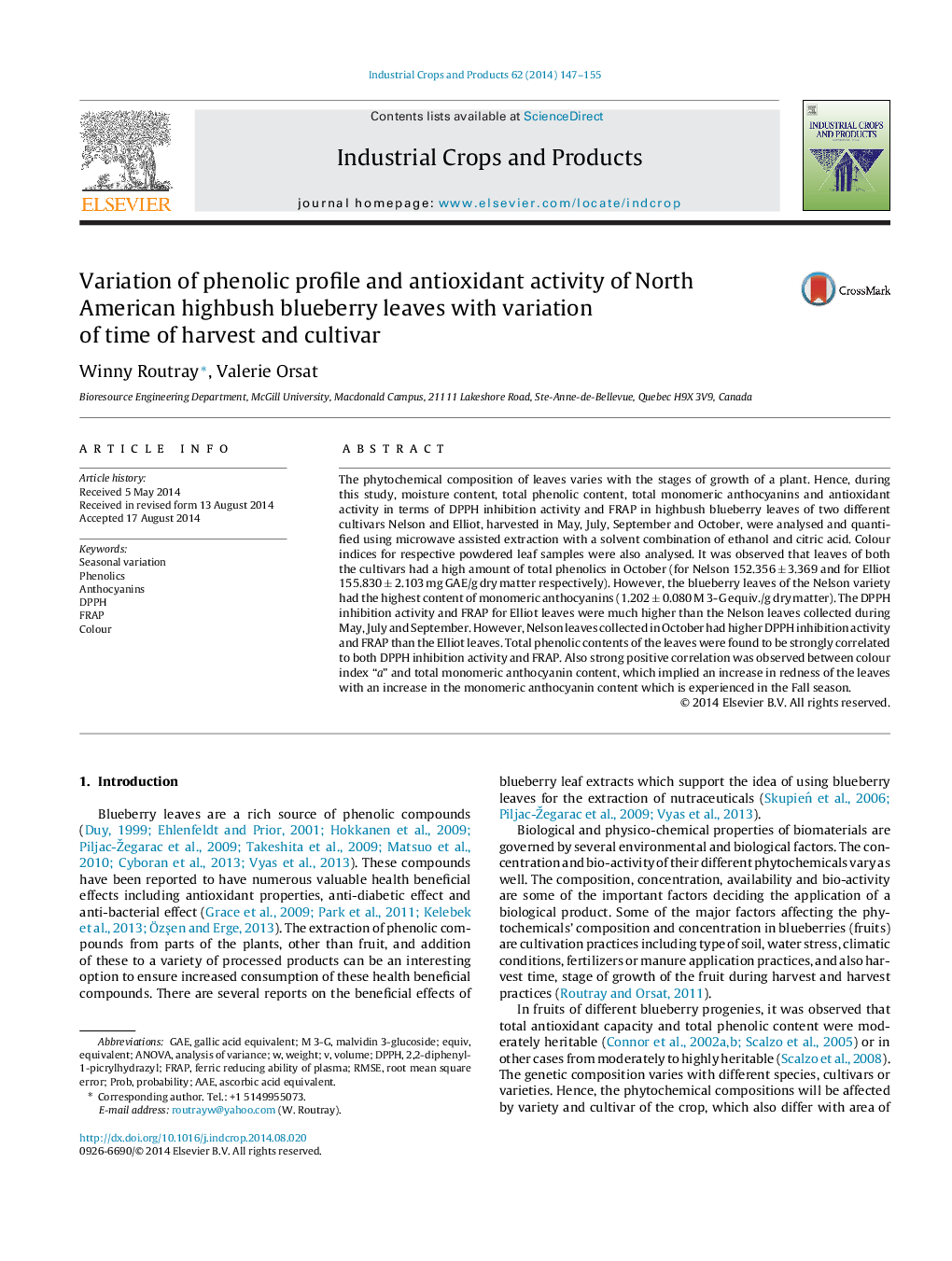 Variation of phenolic profile and antioxidant activity of North American highbush blueberry leaves with variation of time of harvest and cultivar