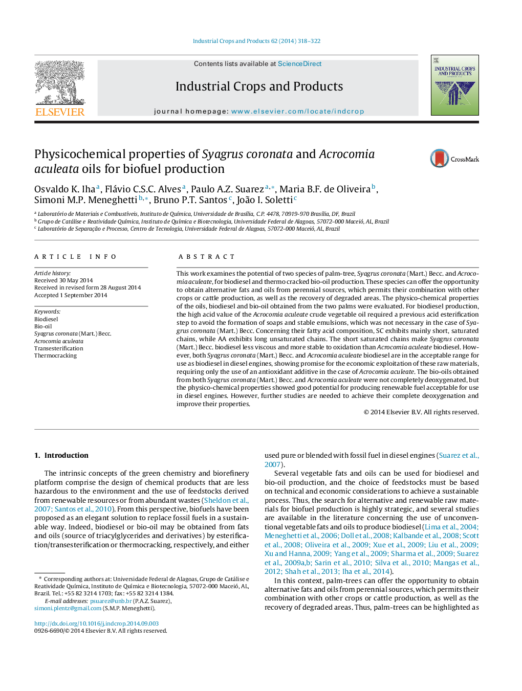 Physicochemical properties of Syagrus coronata and Acrocomia aculeata oils for biofuel production