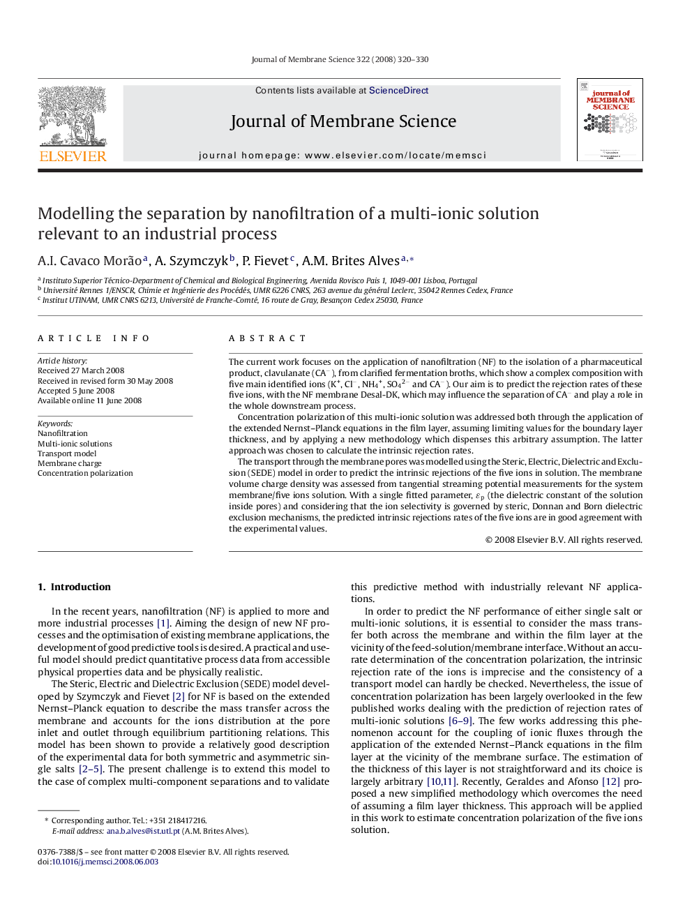 Modelling the separation by nanofiltration of a multi-ionic solution relevant to an industrial process