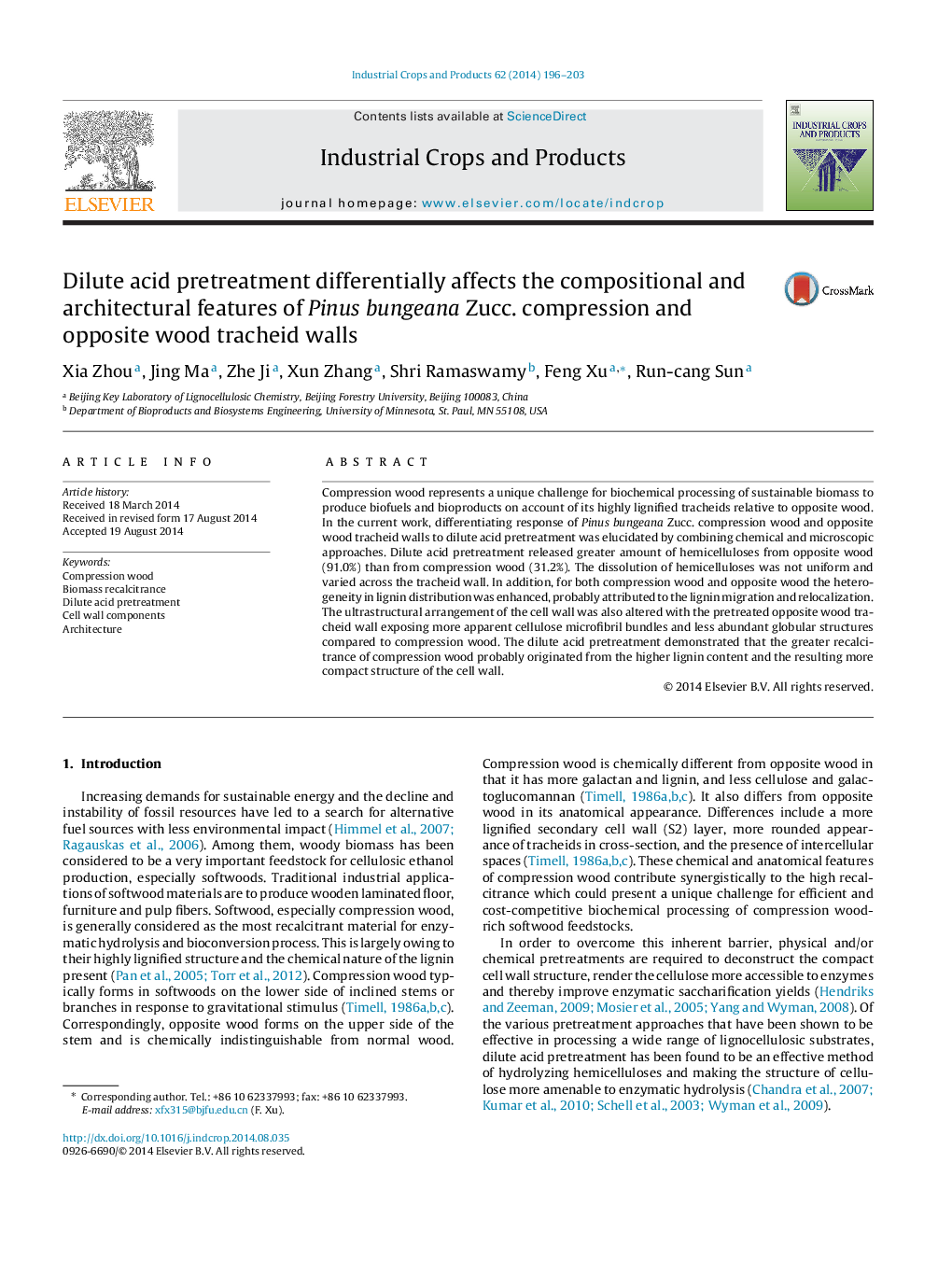 Dilute acid pretreatment differentially affects the compositional and architectural features of Pinus bungeana Zucc. compression and opposite wood tracheid walls