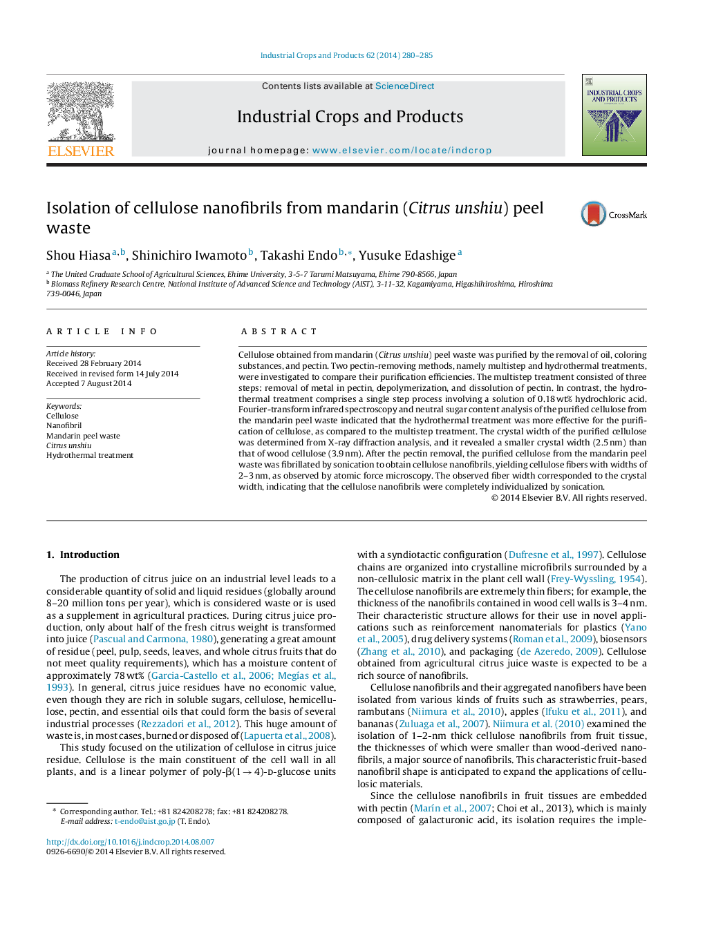 Isolation of cellulose nanofibrils from mandarin (Citrus unshiu) peel waste