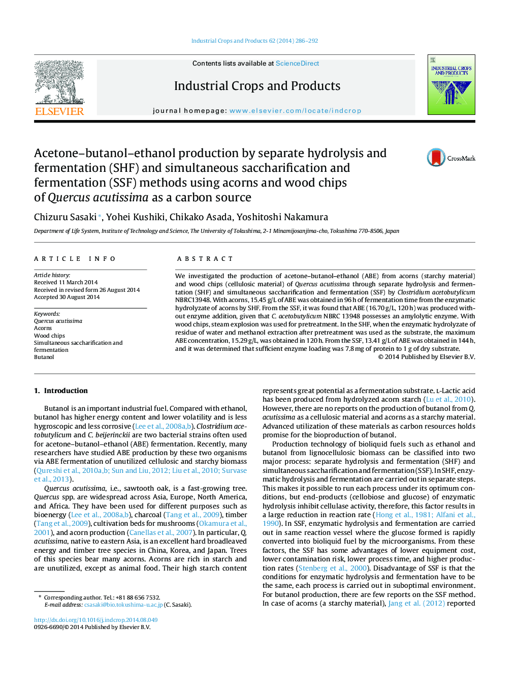 Acetone-butanol-ethanol production by separate hydrolysis and fermentation (SHF) and simultaneous saccharification and fermentation (SSF) methods using acorns and wood chips of Quercus acutissima as a carbon source