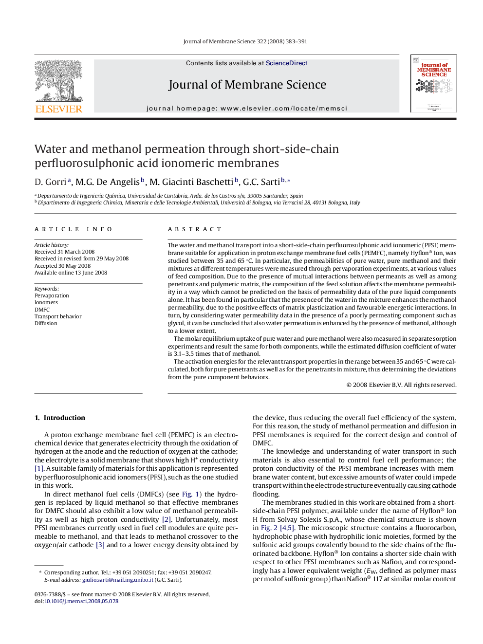 Water and methanol permeation through short-side-chain perfluorosulphonic acid ionomeric membranes