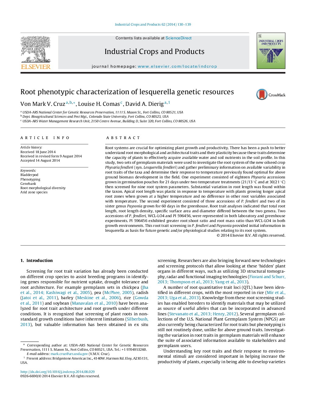 Root phenotypic characterization of lesquerella genetic resources