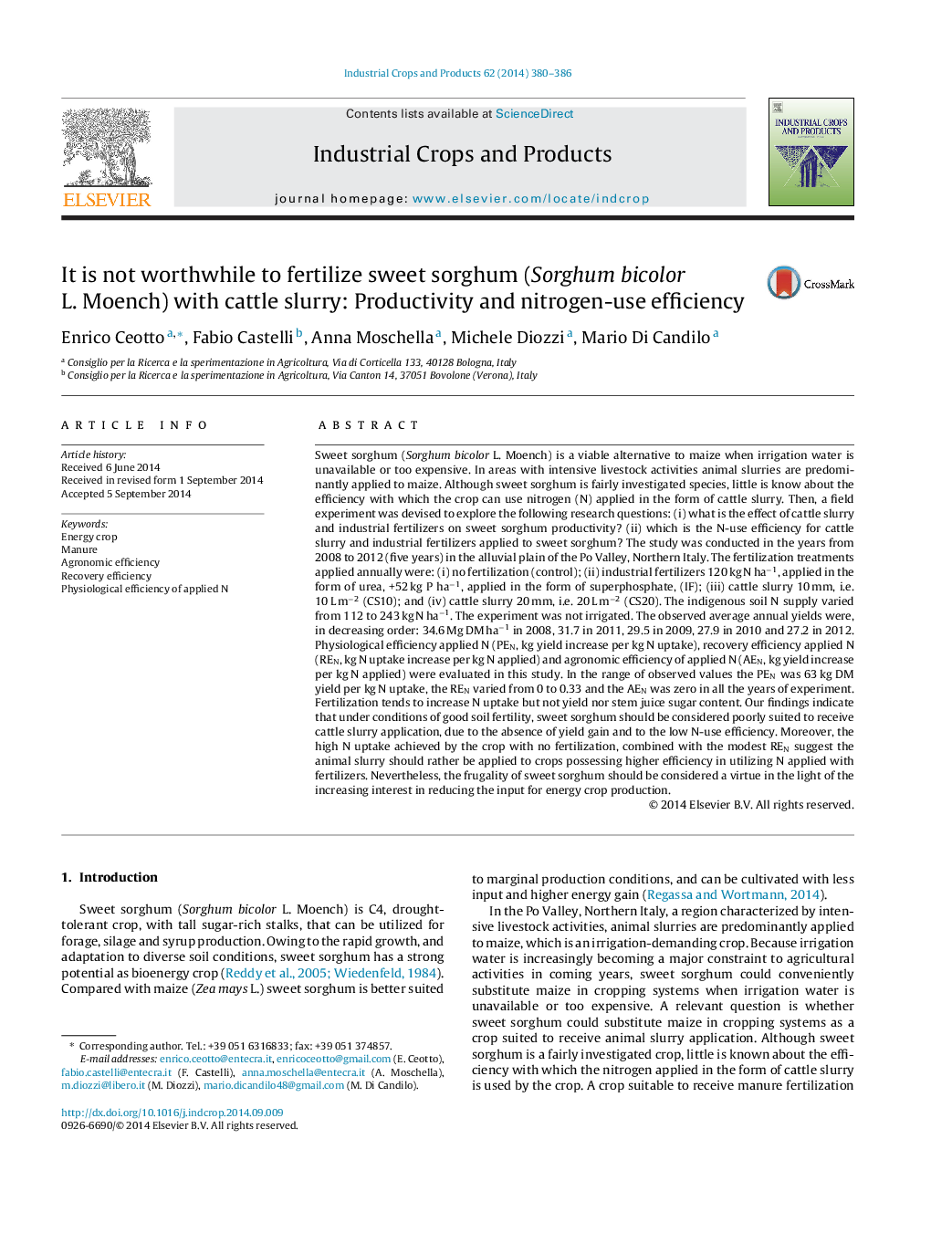 It is not worthwhile to fertilize sweet sorghum (Sorghum bicolor L. Moench) with cattle slurry: Productivity and nitrogen-use efficiency