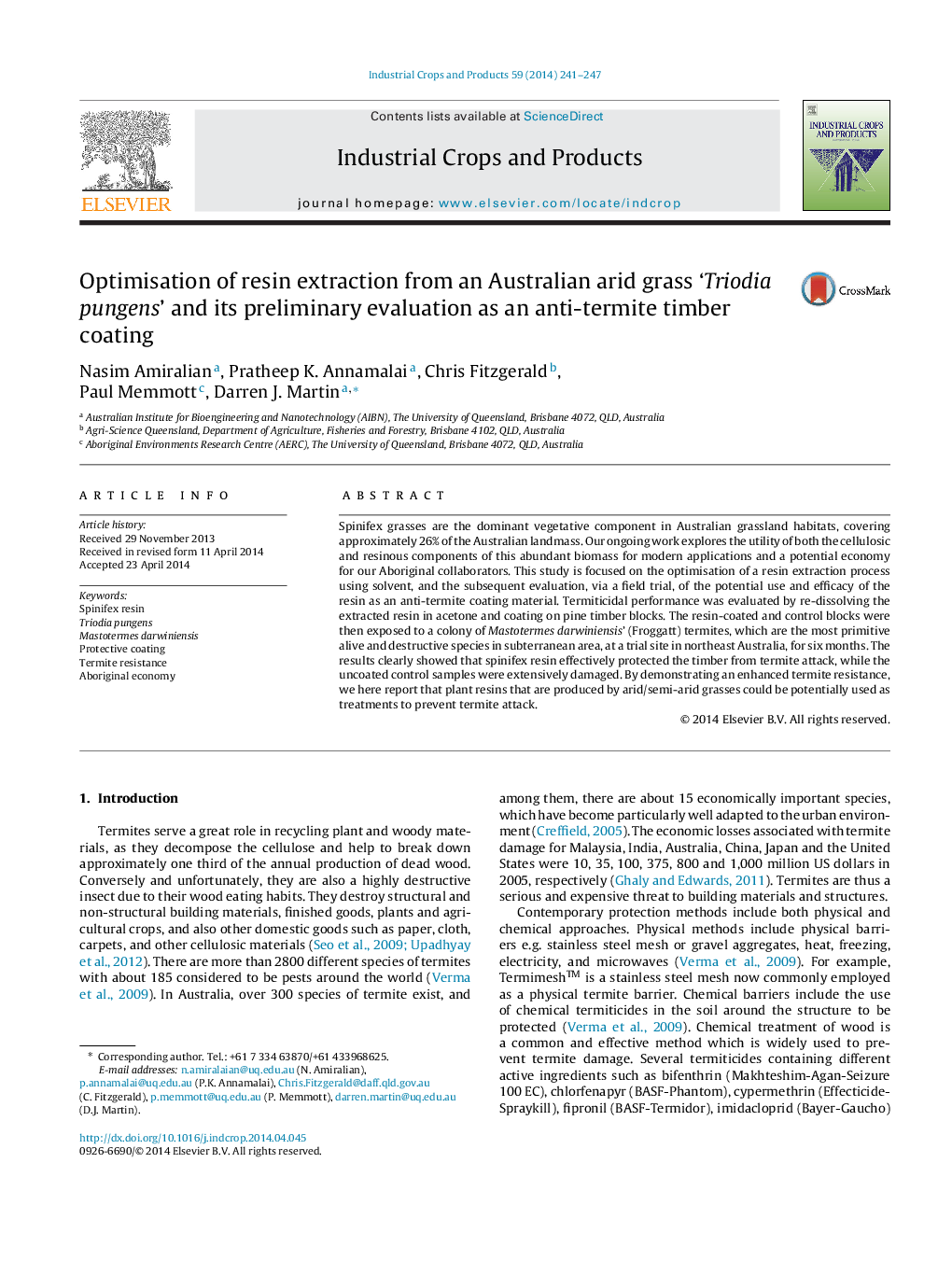 Optimisation of resin extraction from an Australian arid grass 'Triodia pungens' and its preliminary evaluation as an anti-termite timber coating