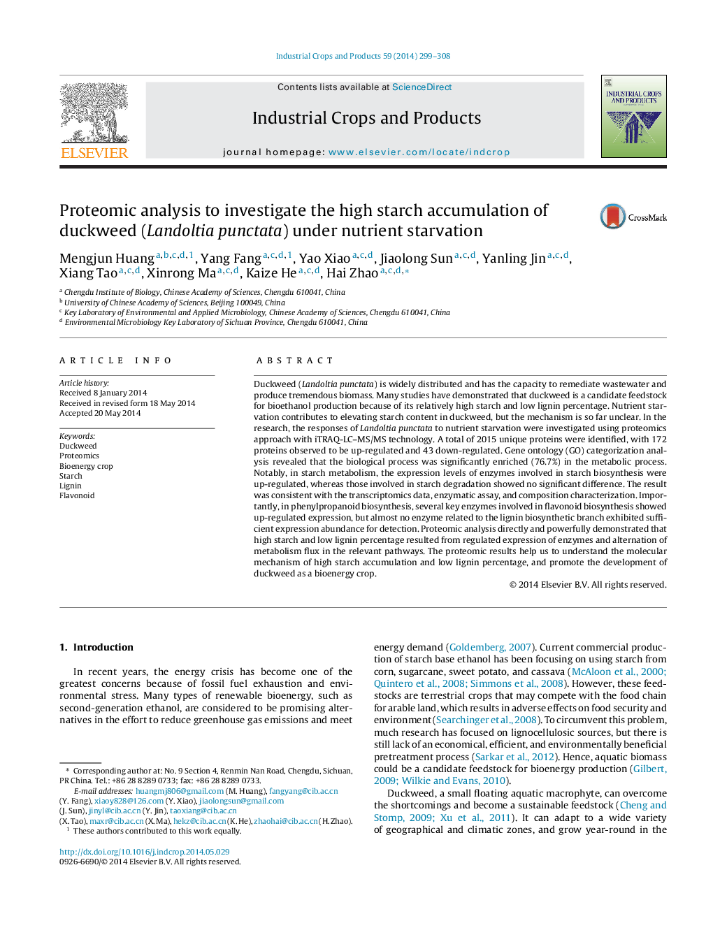 Proteomic analysis to investigate the high starch accumulation of duckweed (Landoltia punctata) under nutrient starvation