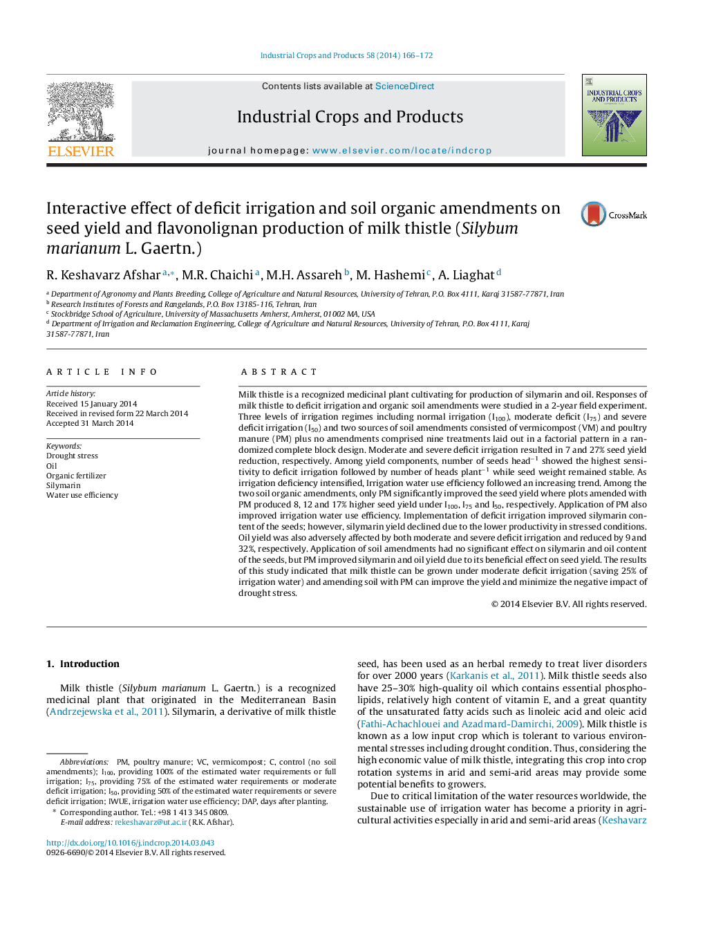 Interactive effect of deficit irrigation and soil organic amendments on seed yield and flavonolignan production of milk thistle (Silybum marianum L. Gaertn.)