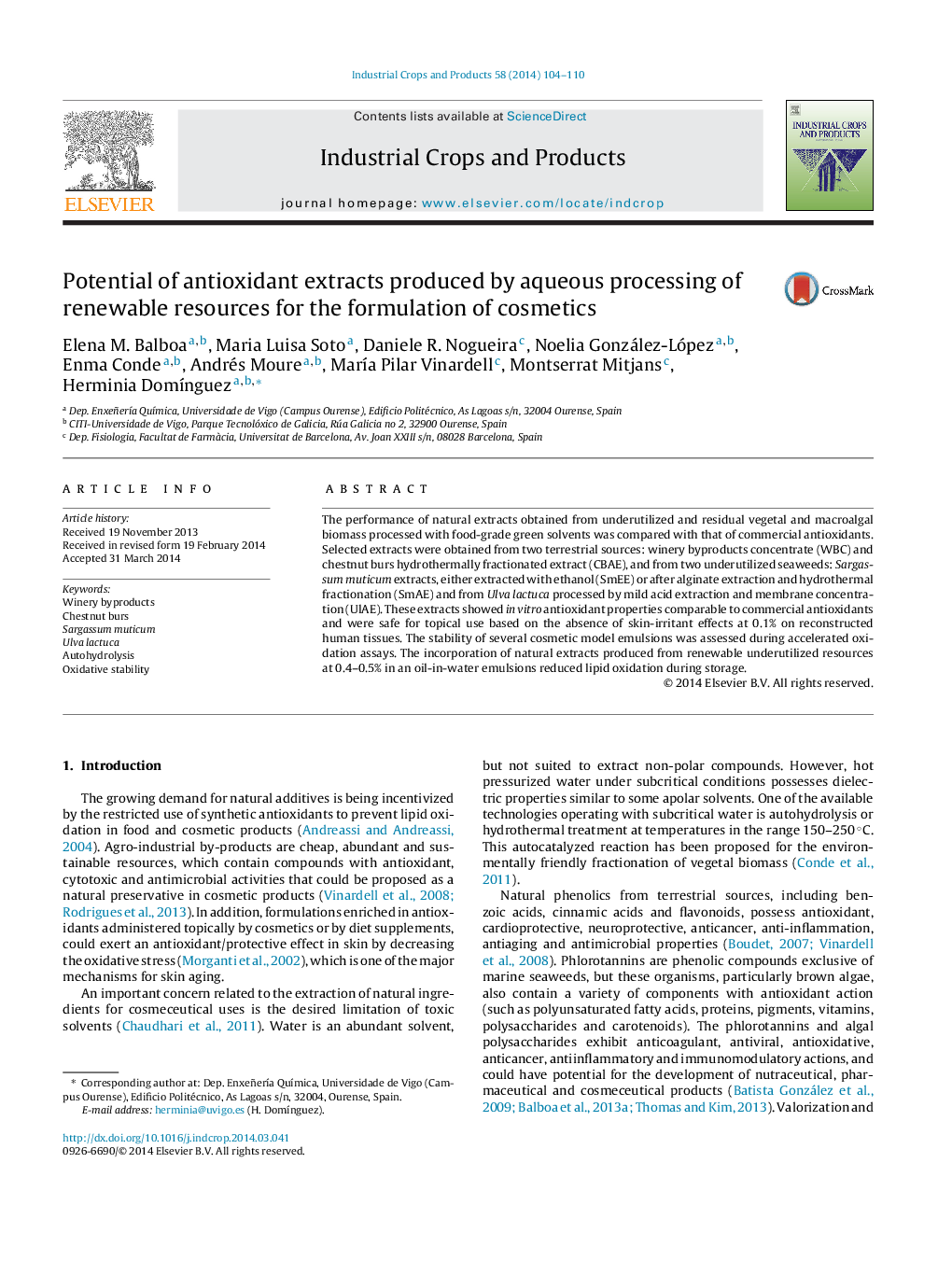 Potential of antioxidant extracts produced by aqueous processing of renewable resources for the formulation of cosmetics