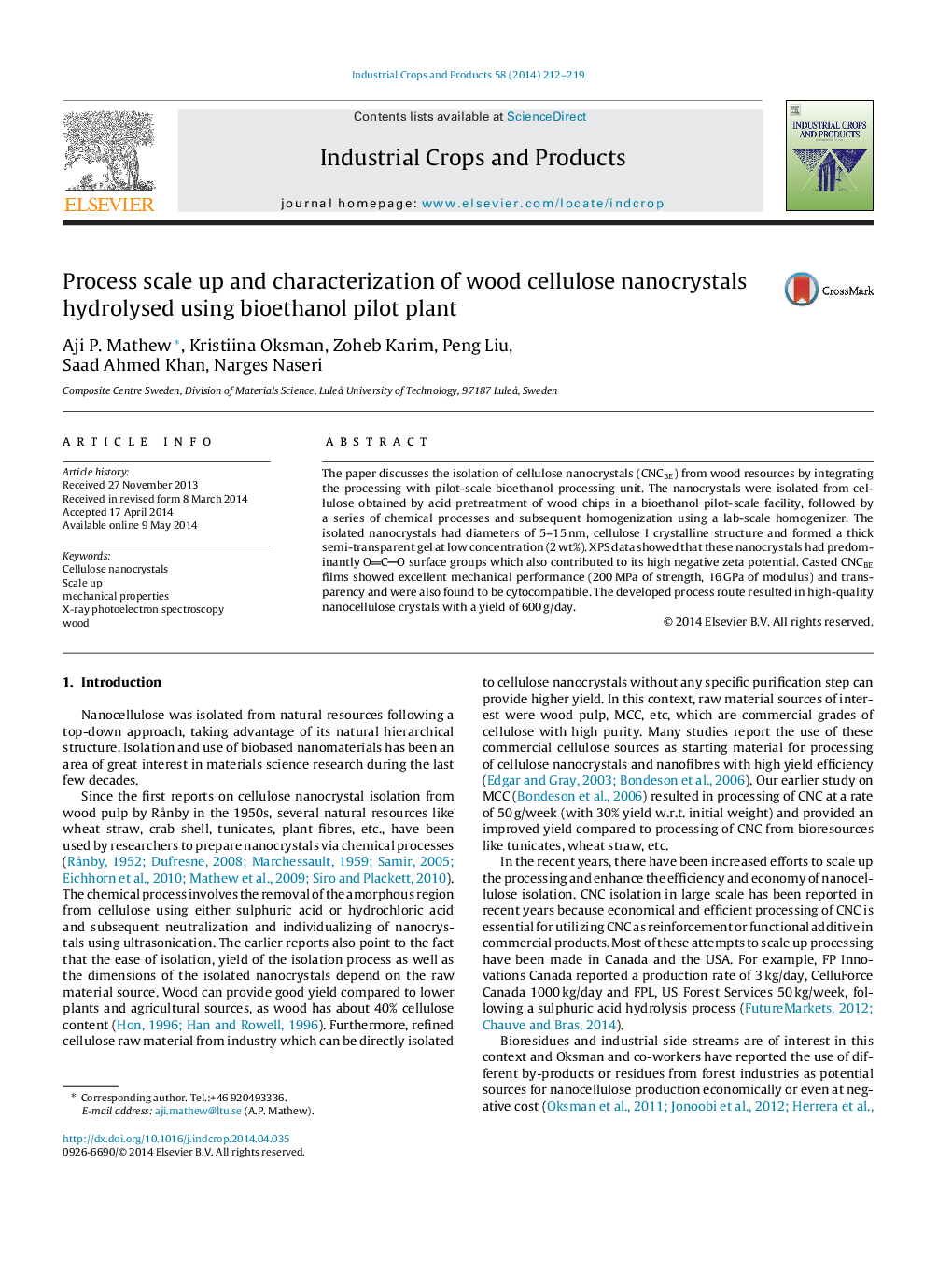 Process scale up and characterization of wood cellulose nanocrystals hydrolysed using bioethanol pilot plant