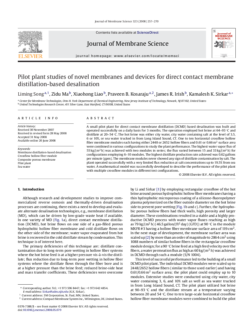 Pilot plant studies of novel membranes and devices for direct contact membrane distillation-based desalination