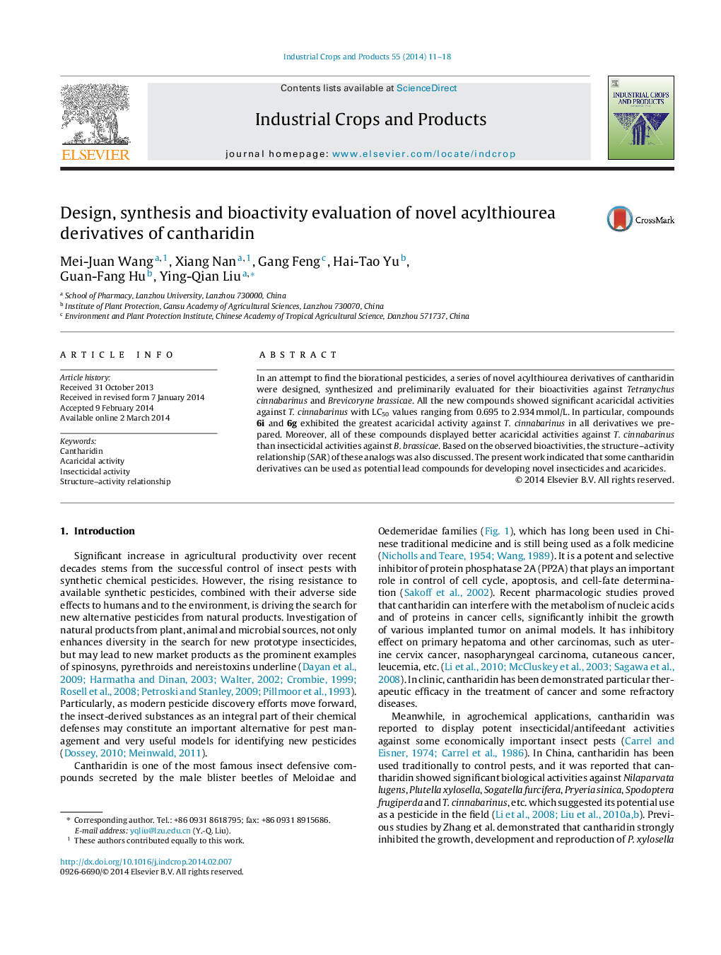 Design, synthesis and bioactivity evaluation of novel acylthiourea derivatives of cantharidin