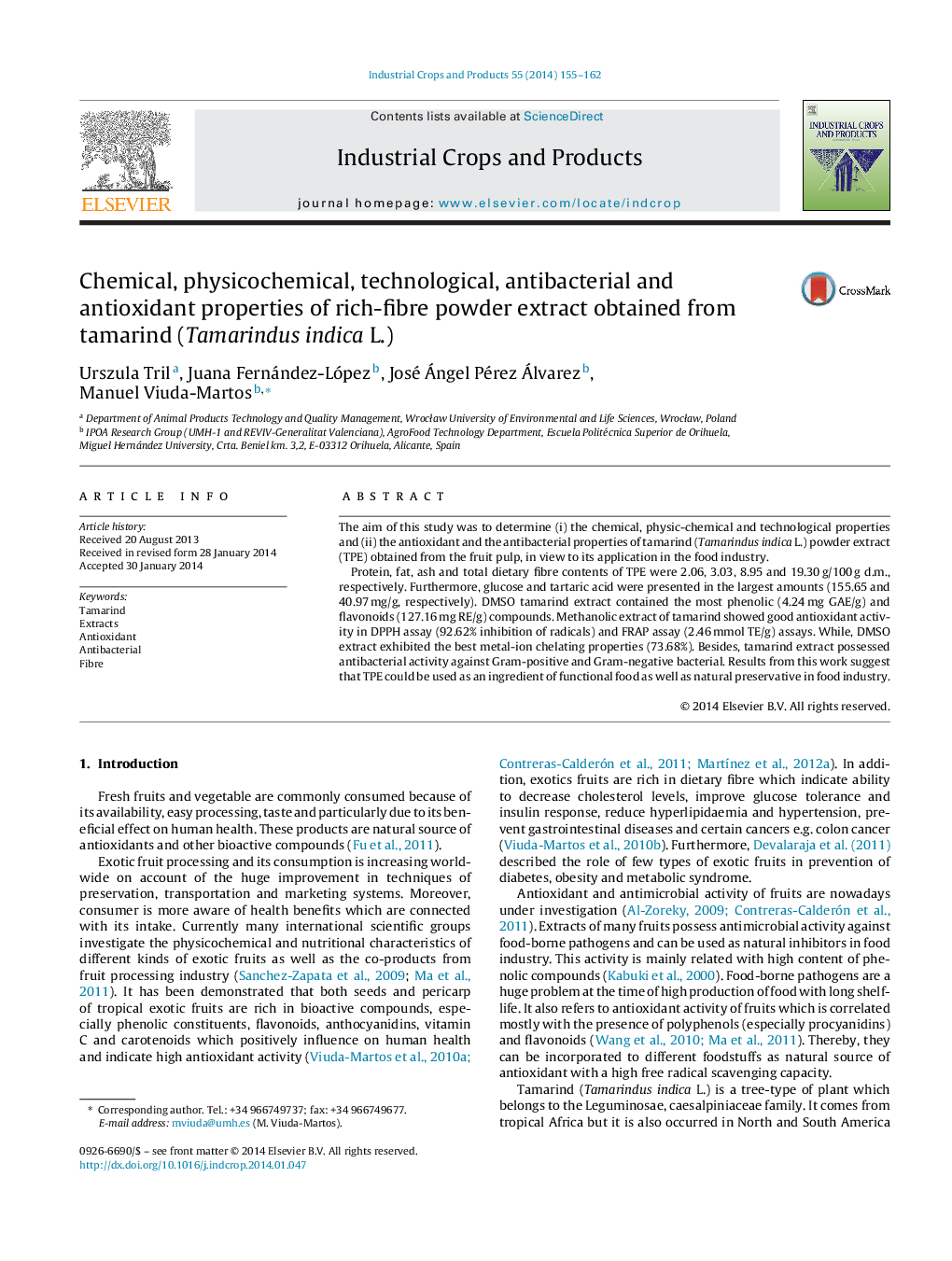 Chemical, physicochemical, technological, antibacterial and antioxidant properties of rich-fibre powder extract obtained from tamarind (Tamarindus indica L.)