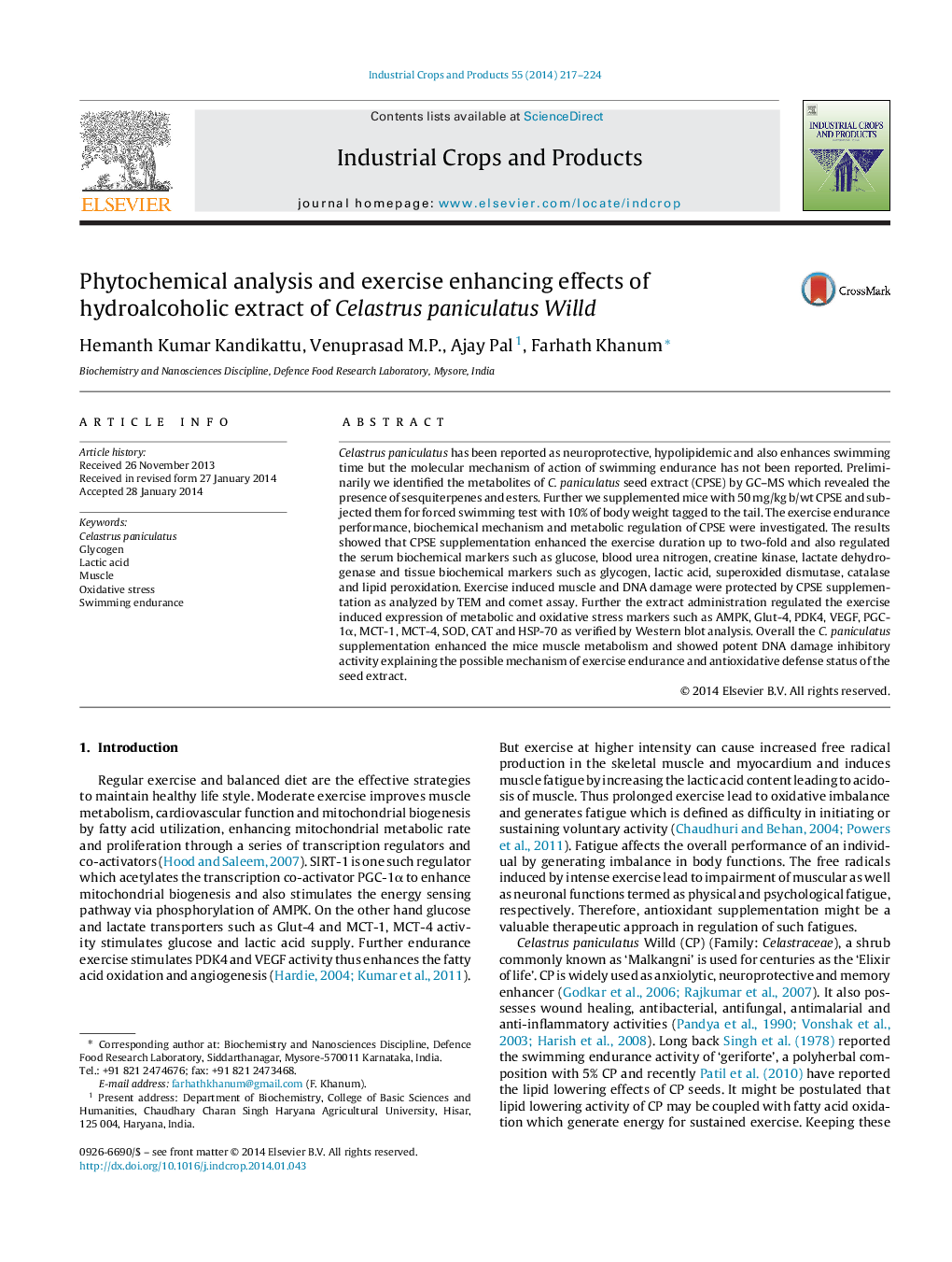 Phytochemical analysis and exercise enhancing effects of hydroalcoholic extract of Celastrus paniculatus Willd