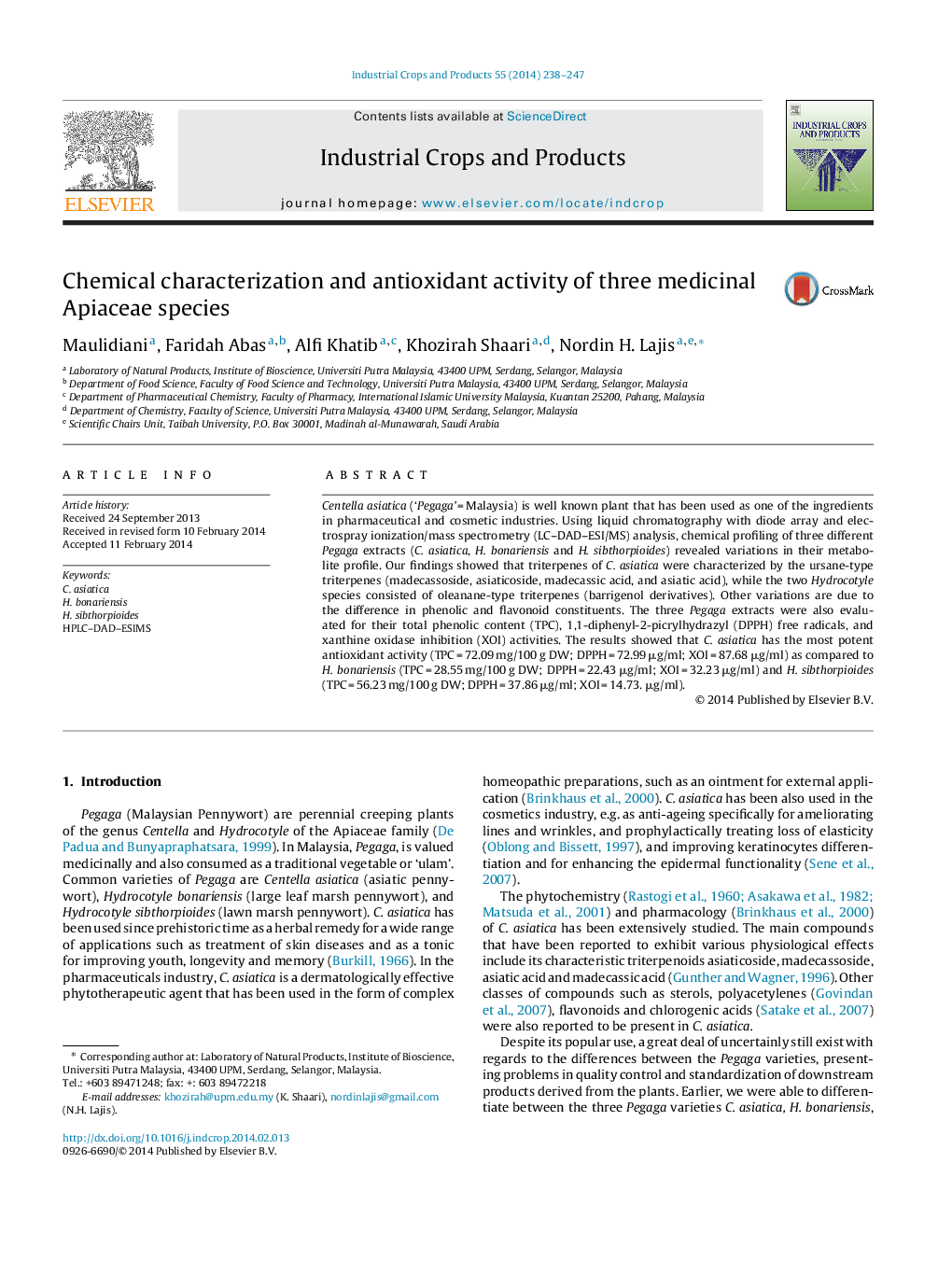Chemical characterization and antioxidant activity of three medicinal Apiaceae species
