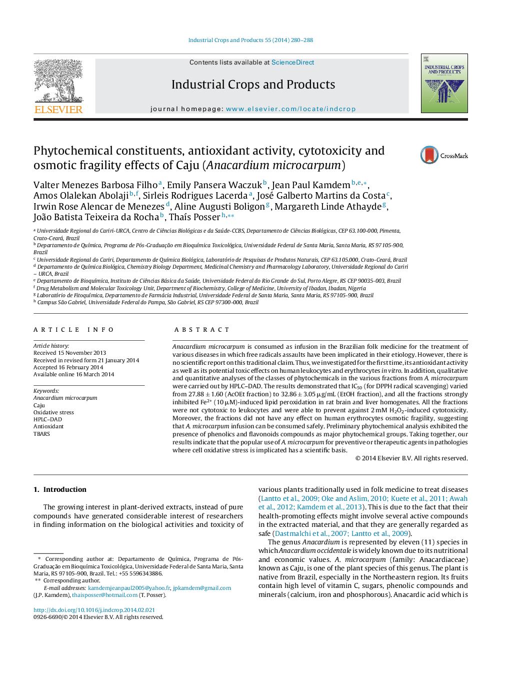 Phytochemical constituents, antioxidant activity, cytotoxicity and osmotic fragility effects of Caju (Anacardium microcarpum)