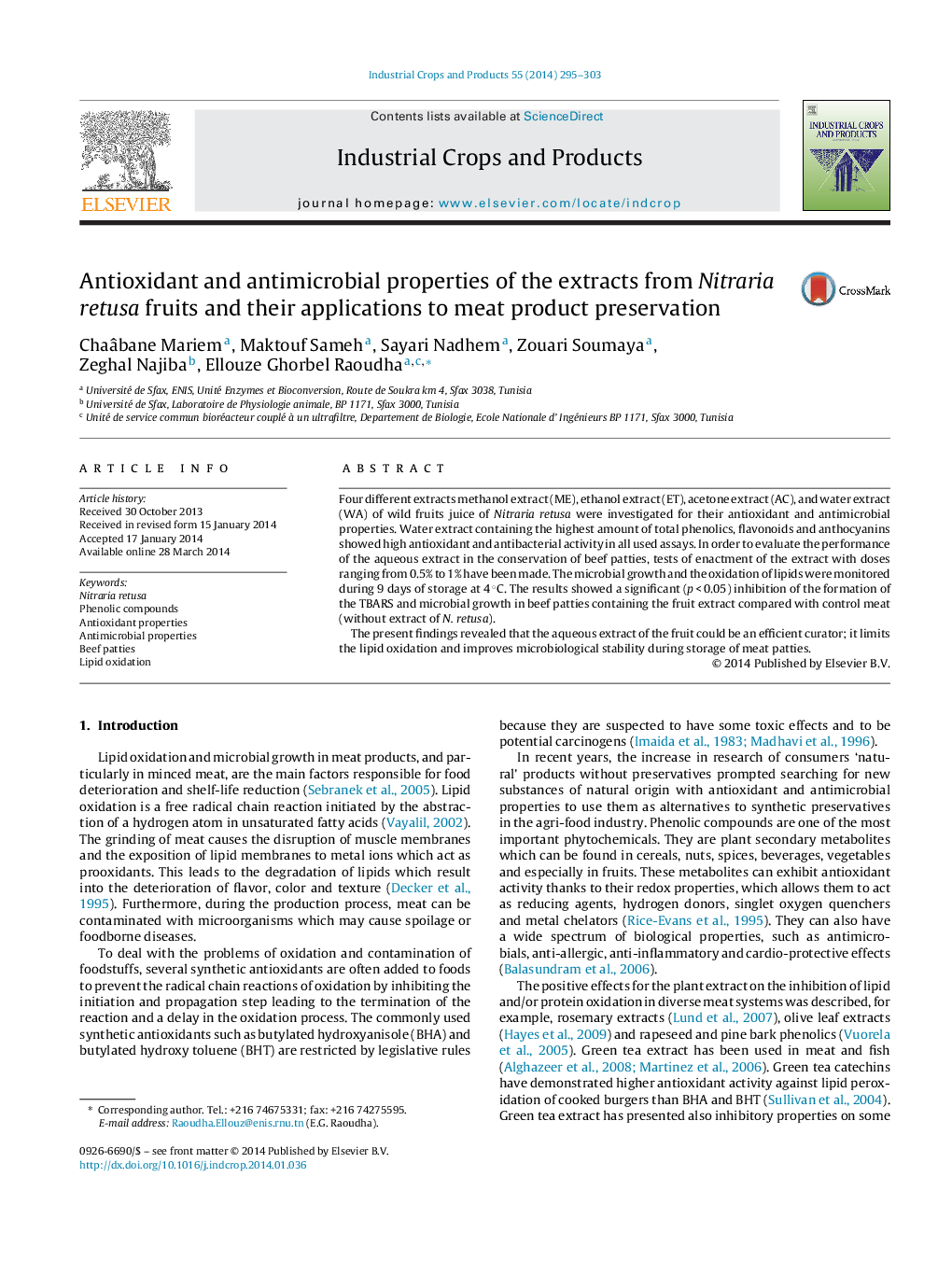 Antioxidant and antimicrobial properties of the extracts from Nitraria retusa fruits and their applications to meat product preservation