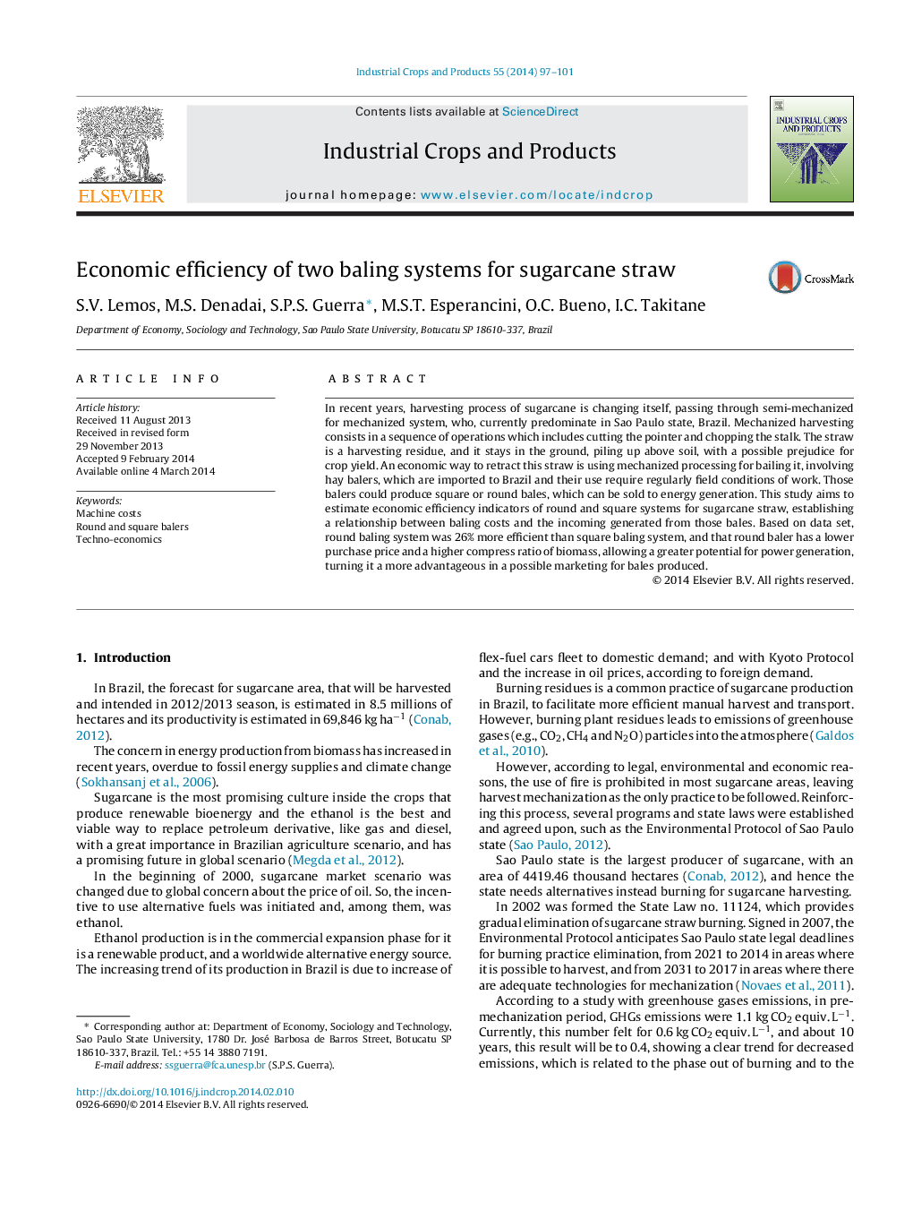 Economic efficiency of two baling systems for sugarcane straw