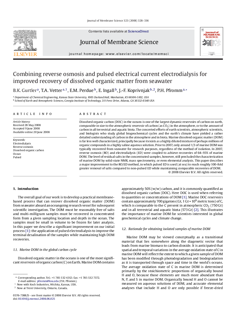 Combining reverse osmosis and pulsed electrical current electrodialysis for improved recovery of dissolved organic matter from seawater