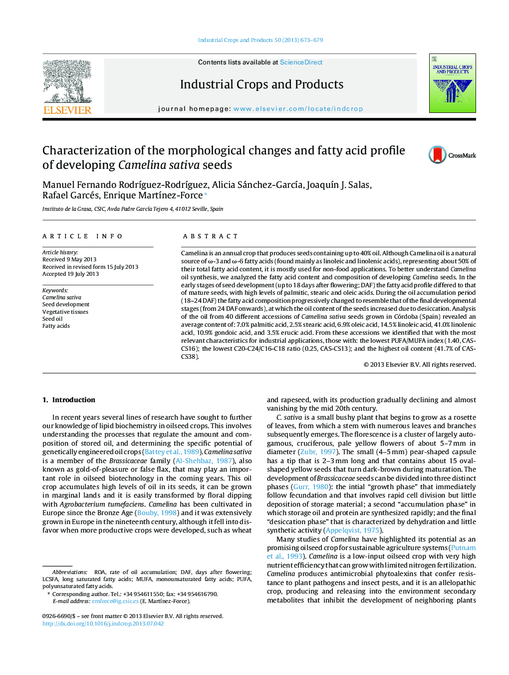 Characterization of the morphological changes and fatty acid profile of developing Camelina sativa seeds