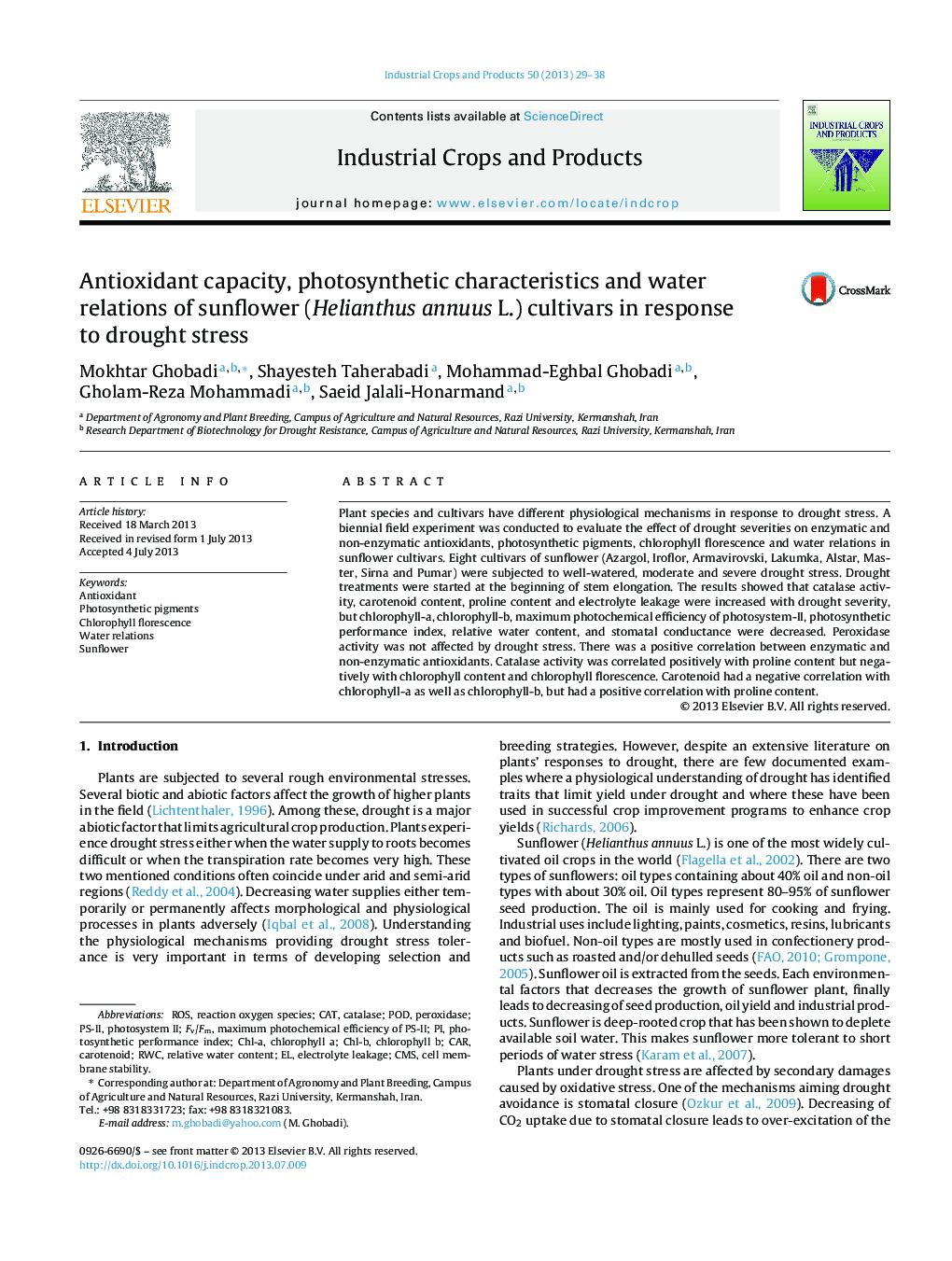 Antioxidant capacity, photosynthetic characteristics and water relations of sunflower (Helianthus annuus L.) cultivars in response to drought stress