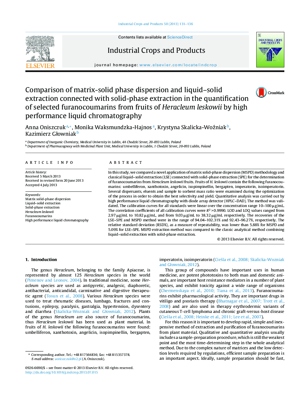 Comparison of matrix-solid phase dispersion and liquid-solid extraction connected with solid-phase extraction in the quantification of selected furanocoumarins from fruits of Heracleum leskowii by high performance liquid chromatography