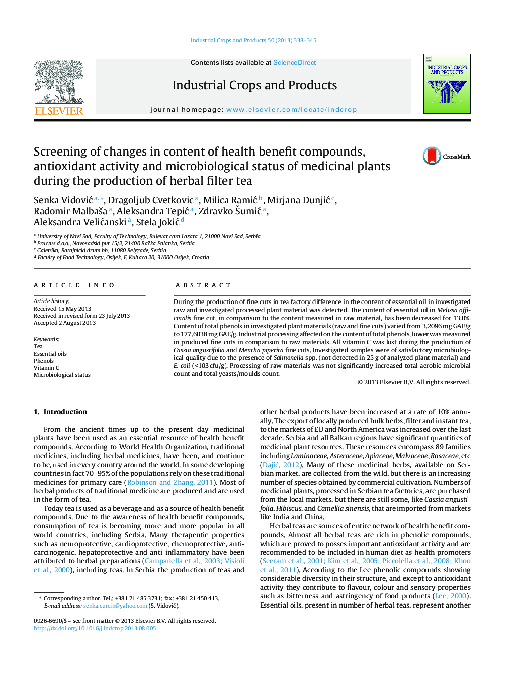 Screening of changes in content of health benefit compounds, antioxidant activity and microbiological status of medicinal plants during the production of herbal filter tea