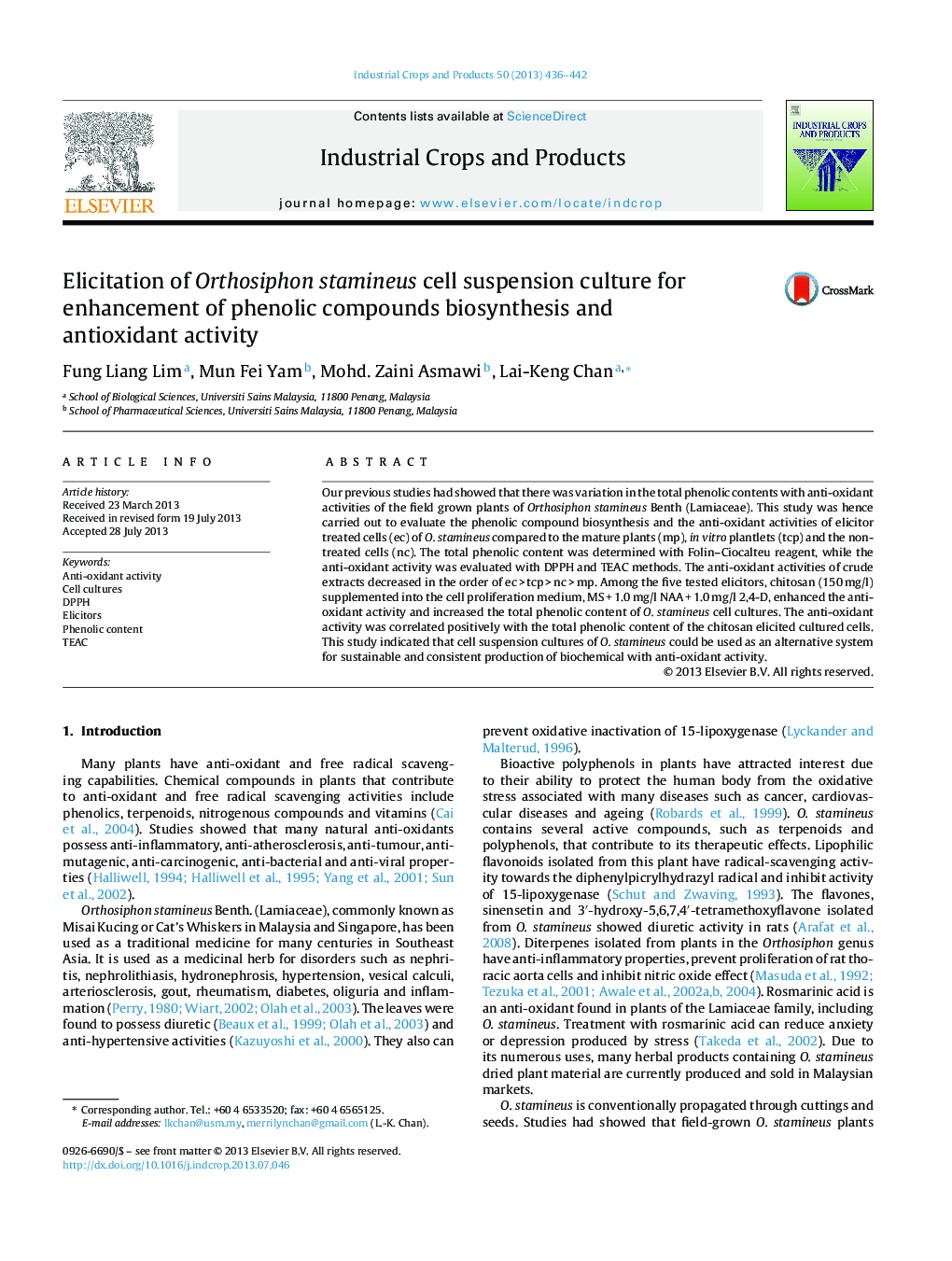 جداسازی کشت تعلیق سلولهای استاتیموس ارتوسیفون برای افزایش بیوسنتز ترکیبات فنلی و فعالیت آنتیاکسیدانی 