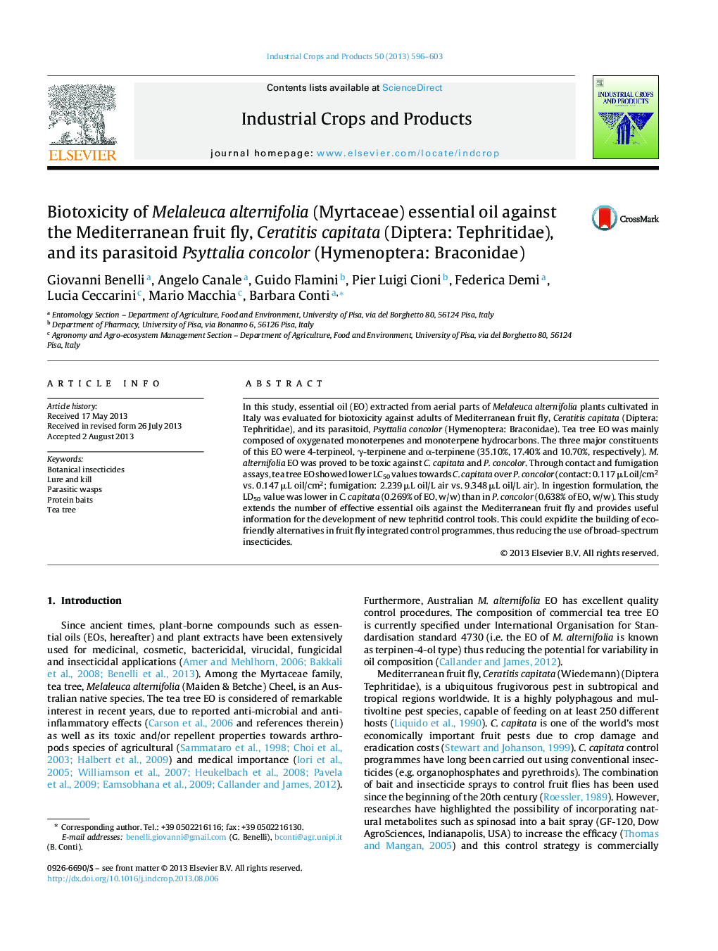 Biotoxicity of Melaleuca alternifolia (Myrtaceae) essential oil against the Mediterranean fruit fly, Ceratitis capitata (Diptera: Tephritidae), and its parasitoid Psyttalia concolor (Hymenoptera: Braconidae)