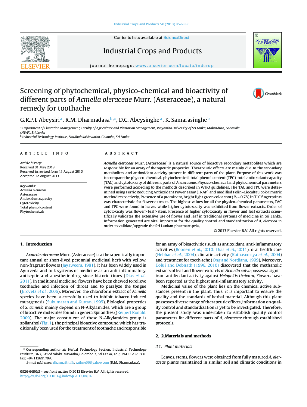 Screening of phytochemical, physico-chemical and bioactivity of different parts of Acmella oleraceae Murr. (Asteraceae), a natural remedy for toothache