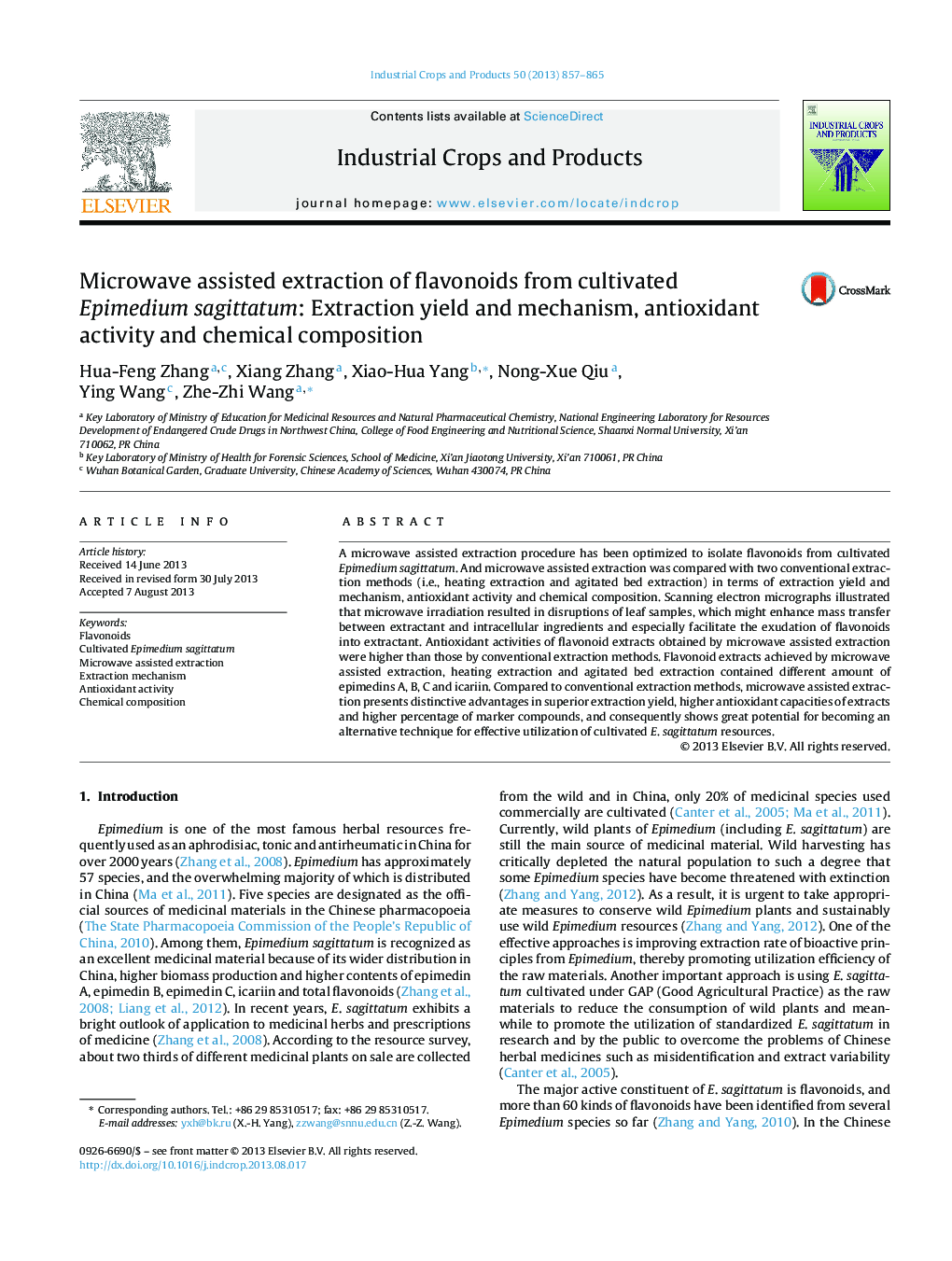 Microwave assisted extraction of flavonoids from cultivated Epimedium sagittatum: Extraction yield and mechanism, antioxidant activity and chemical composition