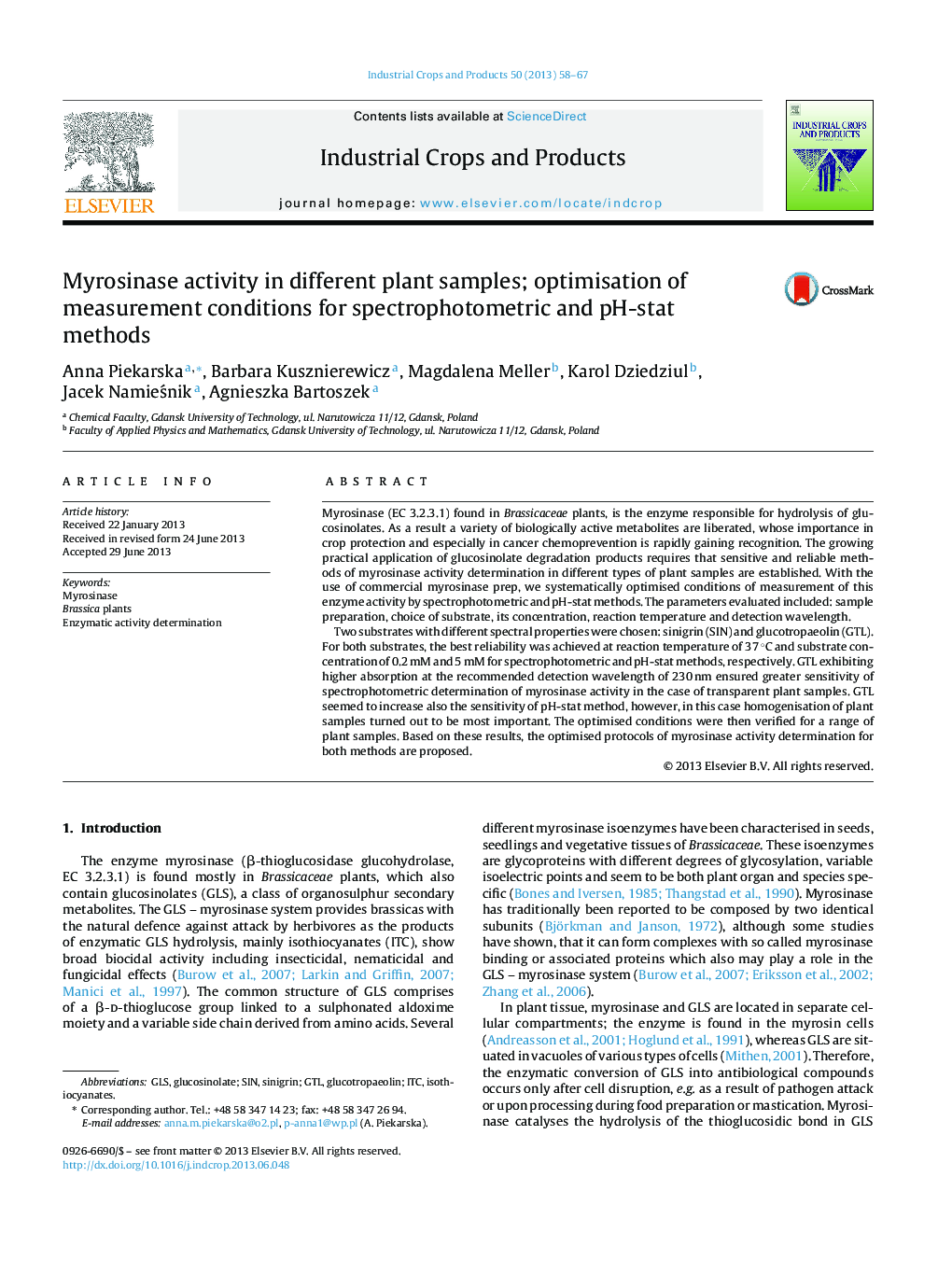 Myrosinase activity in different plant samples; optimisation of measurement conditions for spectrophotometric and pH-stat methods