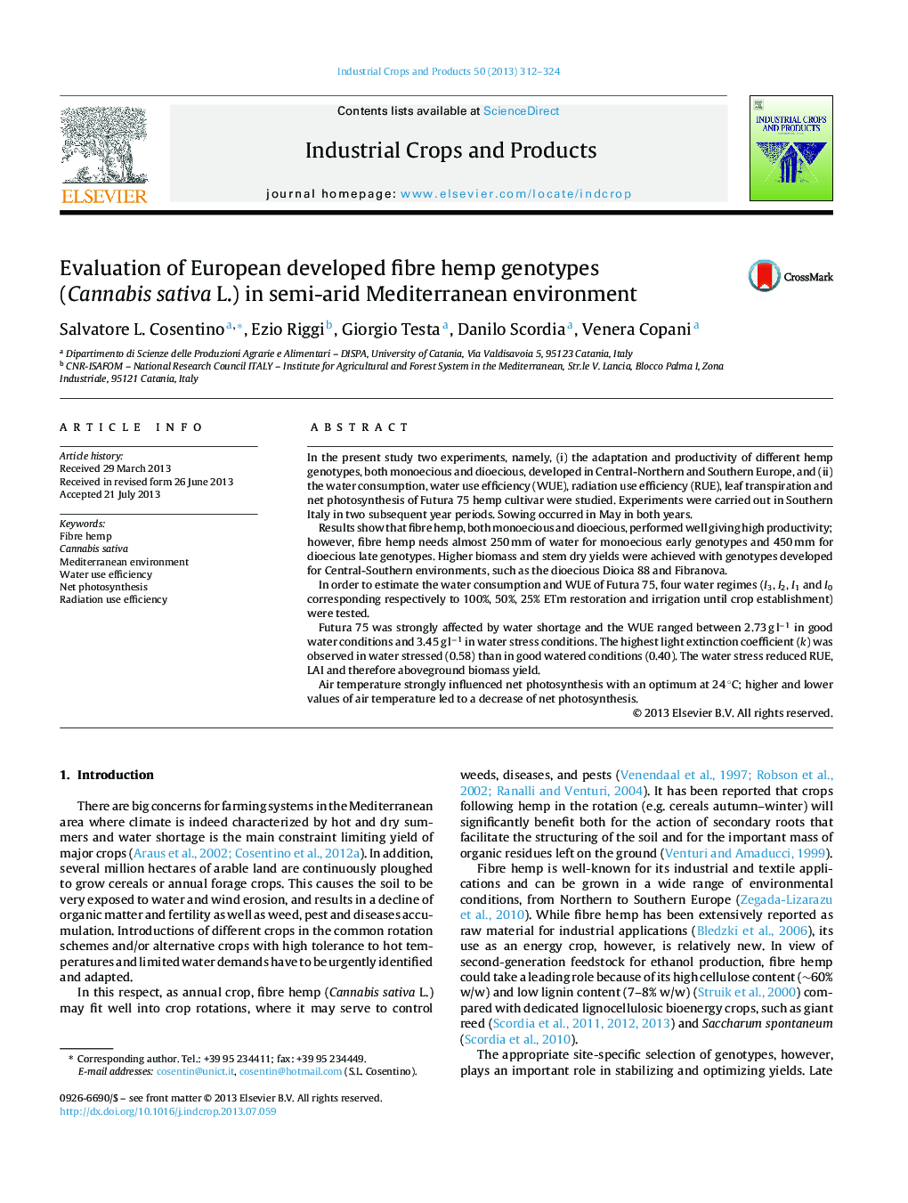 Evaluation of European developed fibre hemp genotypes (Cannabis sativa L.) in semi-arid Mediterranean environment