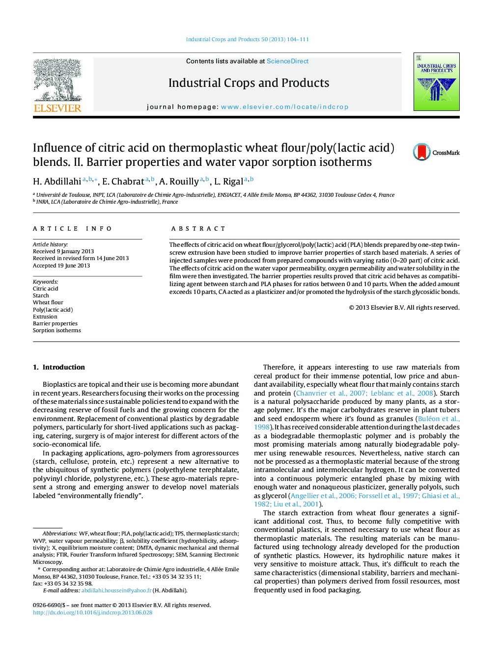 Influence of citric acid on thermoplastic wheat flour/poly(lactic acid) blends. II. Barrier properties and water vapor sorption isotherms