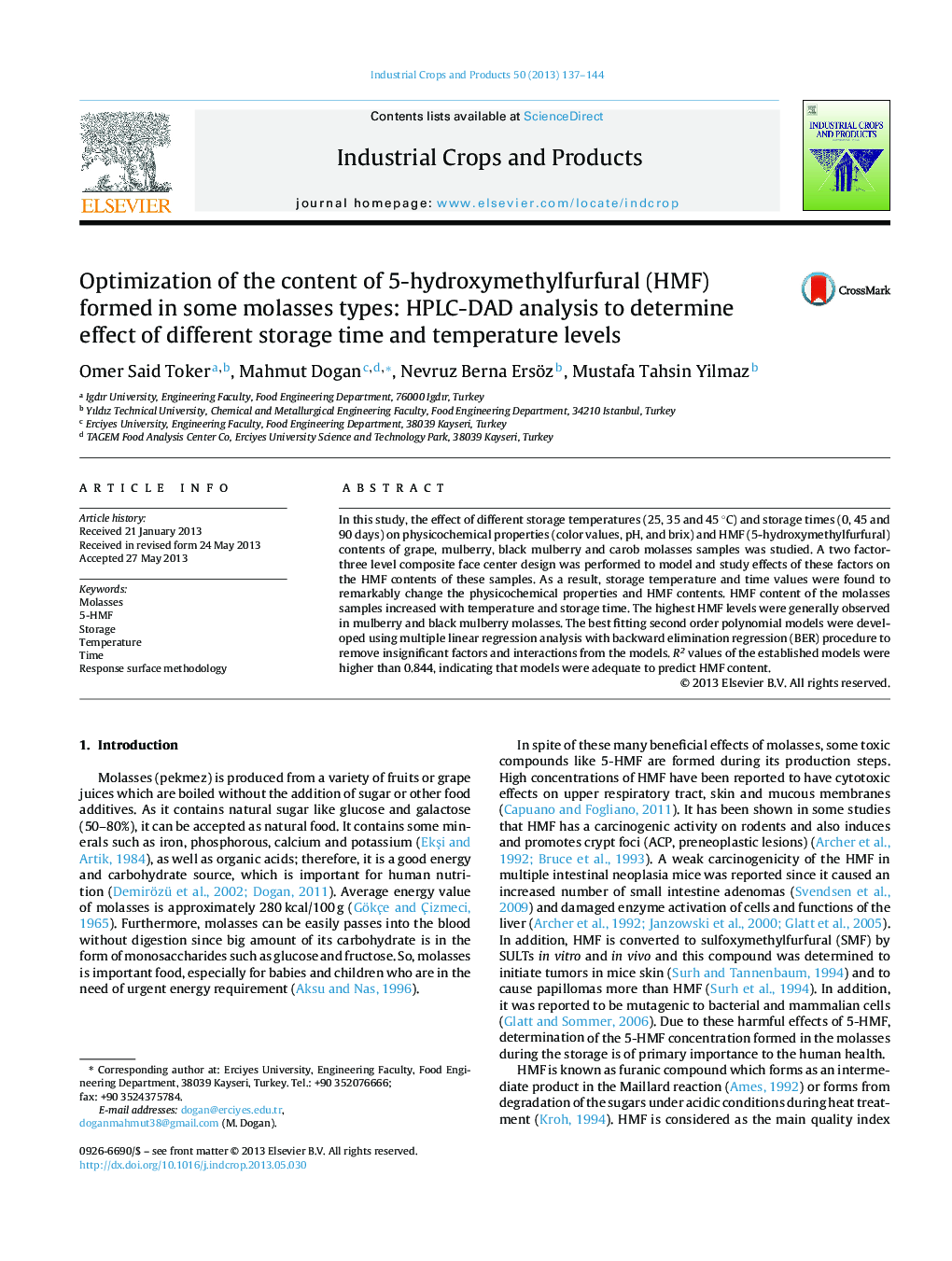 Optimization of the content of 5-hydroxymethylfurfural (HMF) formed in some molasses types: HPLC-DAD analysis to determine effect of different storage time and temperature levels