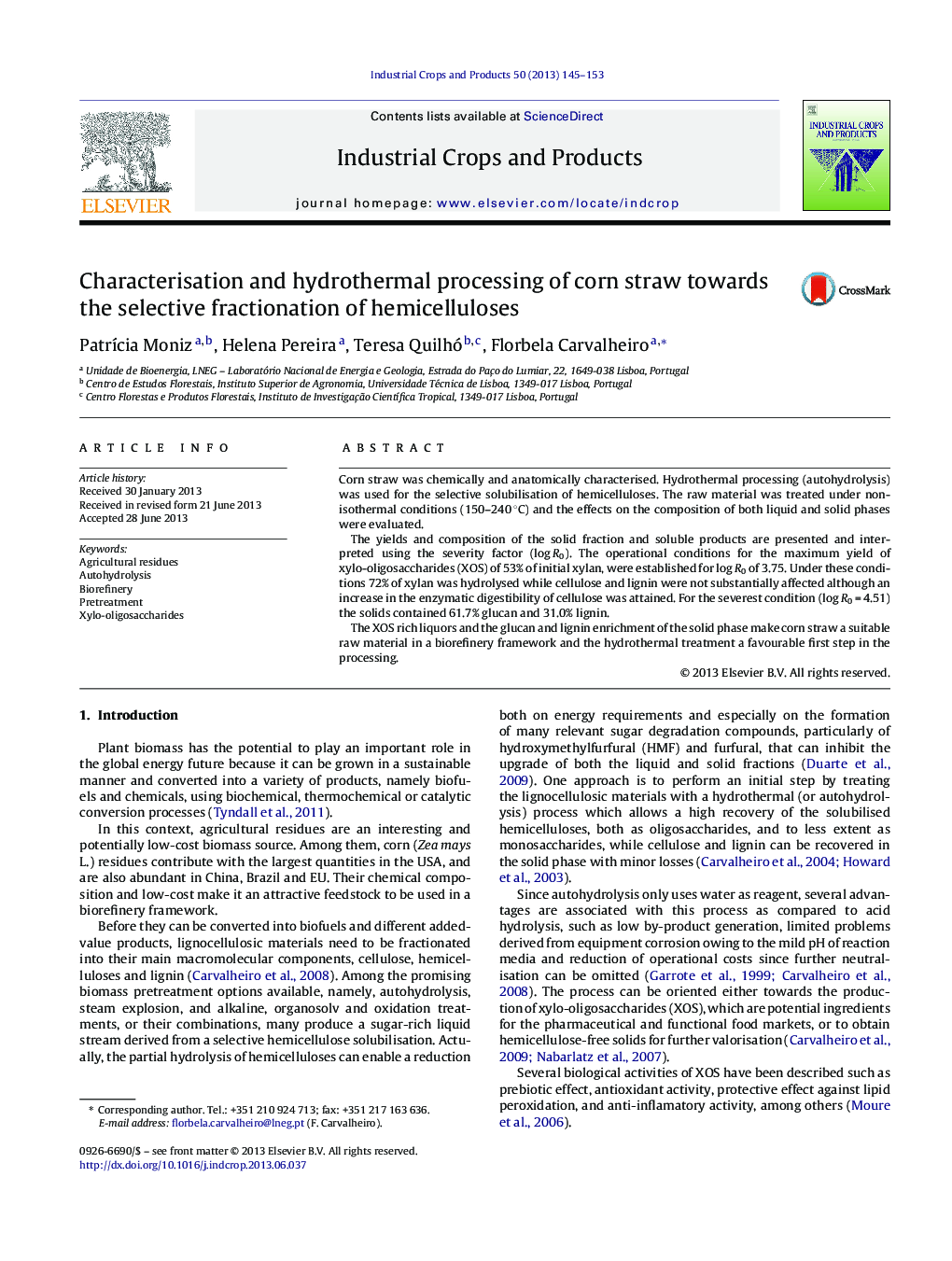 Characterisation and hydrothermal processing of corn straw towards the selective fractionation of hemicelluloses