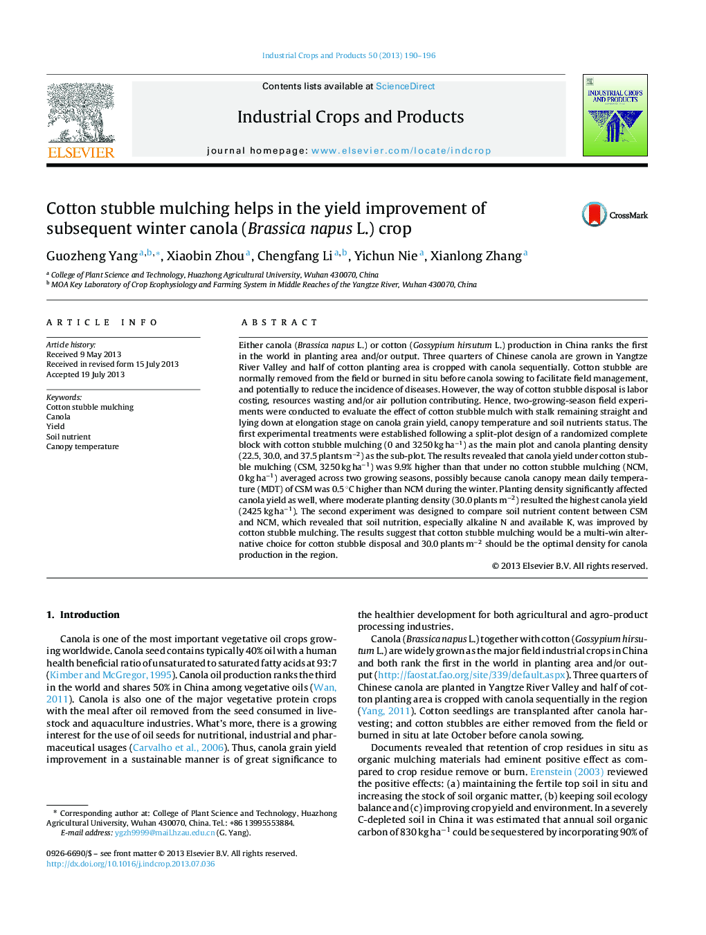 Cotton stubble mulching helps in the yield improvement of subsequent winter canola (Brassica napus L.) crop