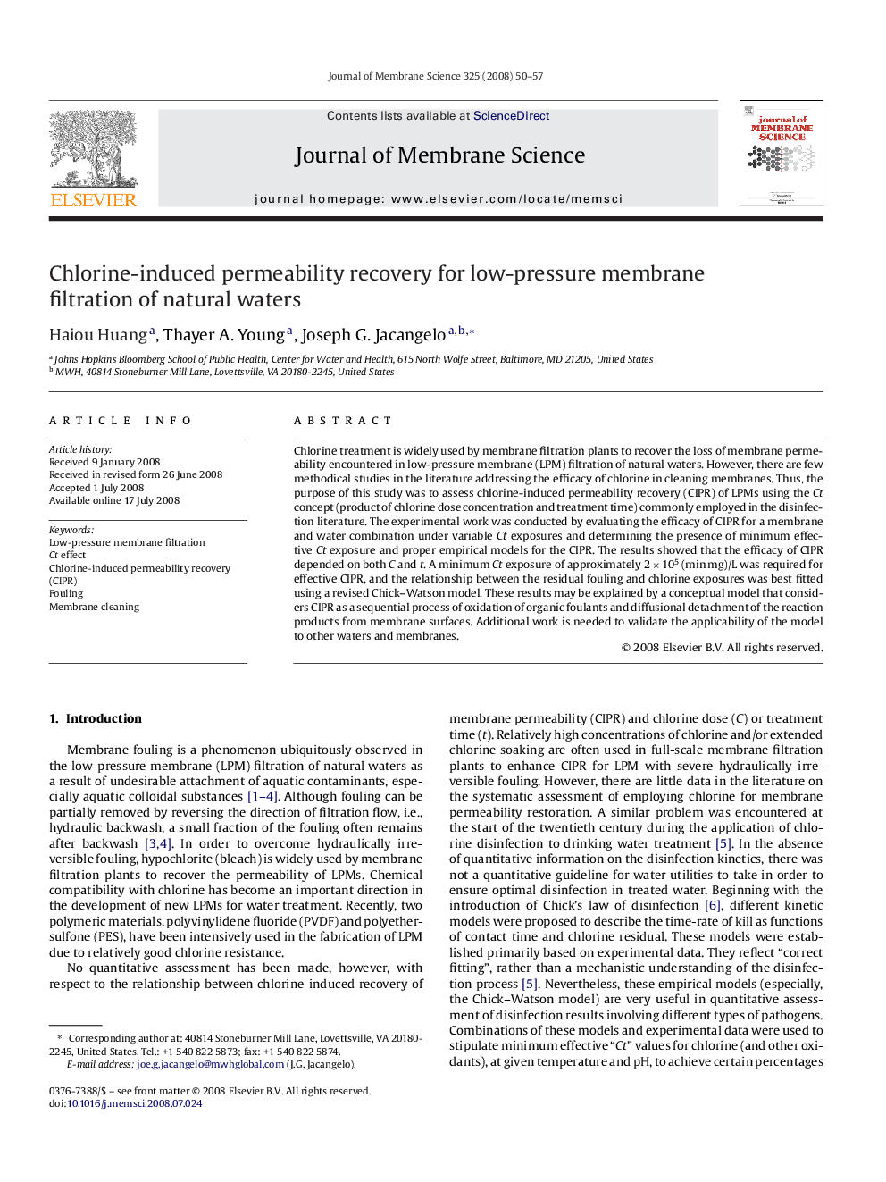 عکس صفحه اول مقاله: Chlorine-induced permeability recovery for low-pressure membrane filtration of natural waters Chlorine-induced permeability recovery for low-pressure membrane filtration of natural waters