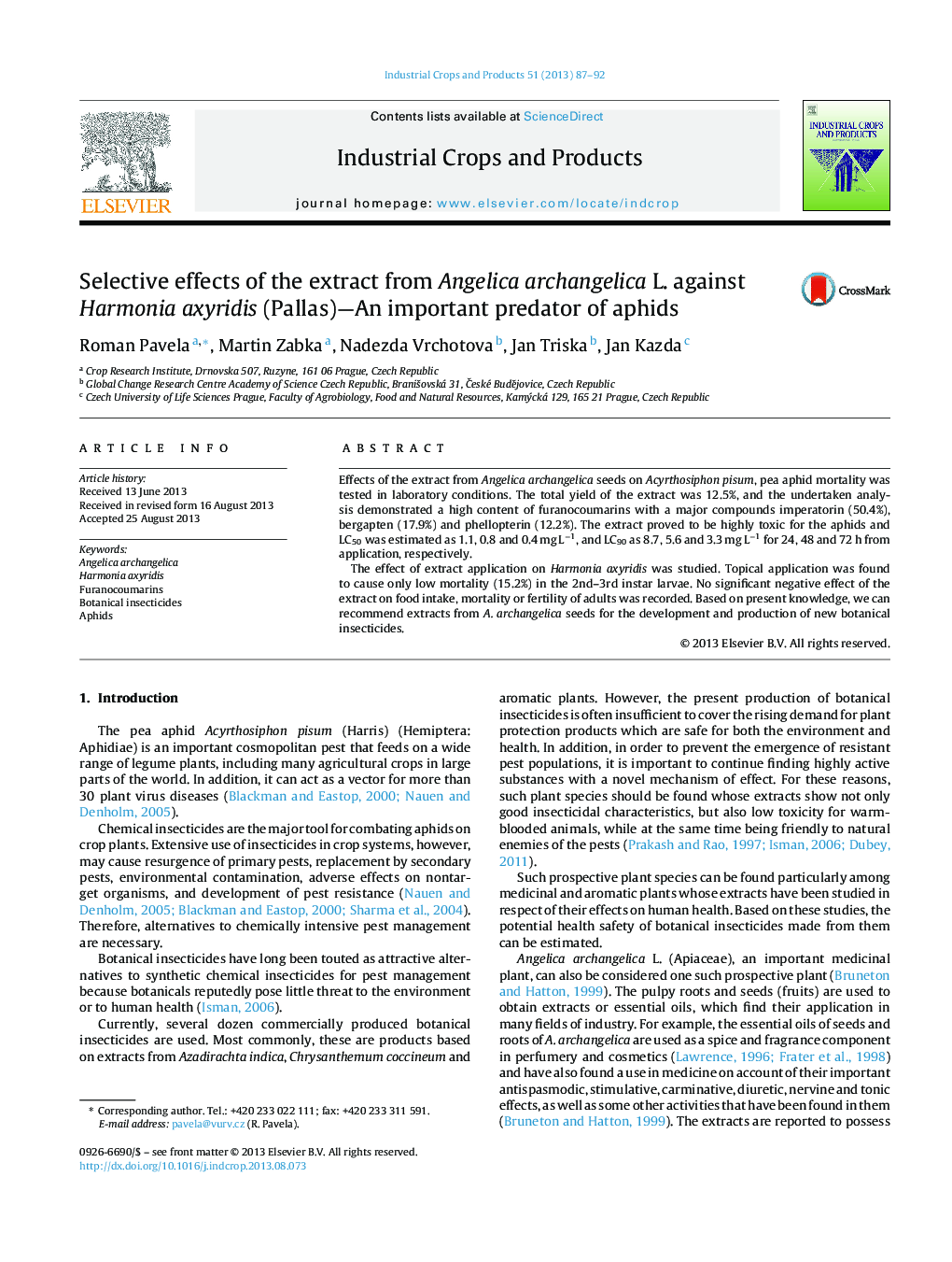 Selective effects of the extract from Angelica archangelica L. against Harmonia axyridis (Pallas)-An important predator of aphids