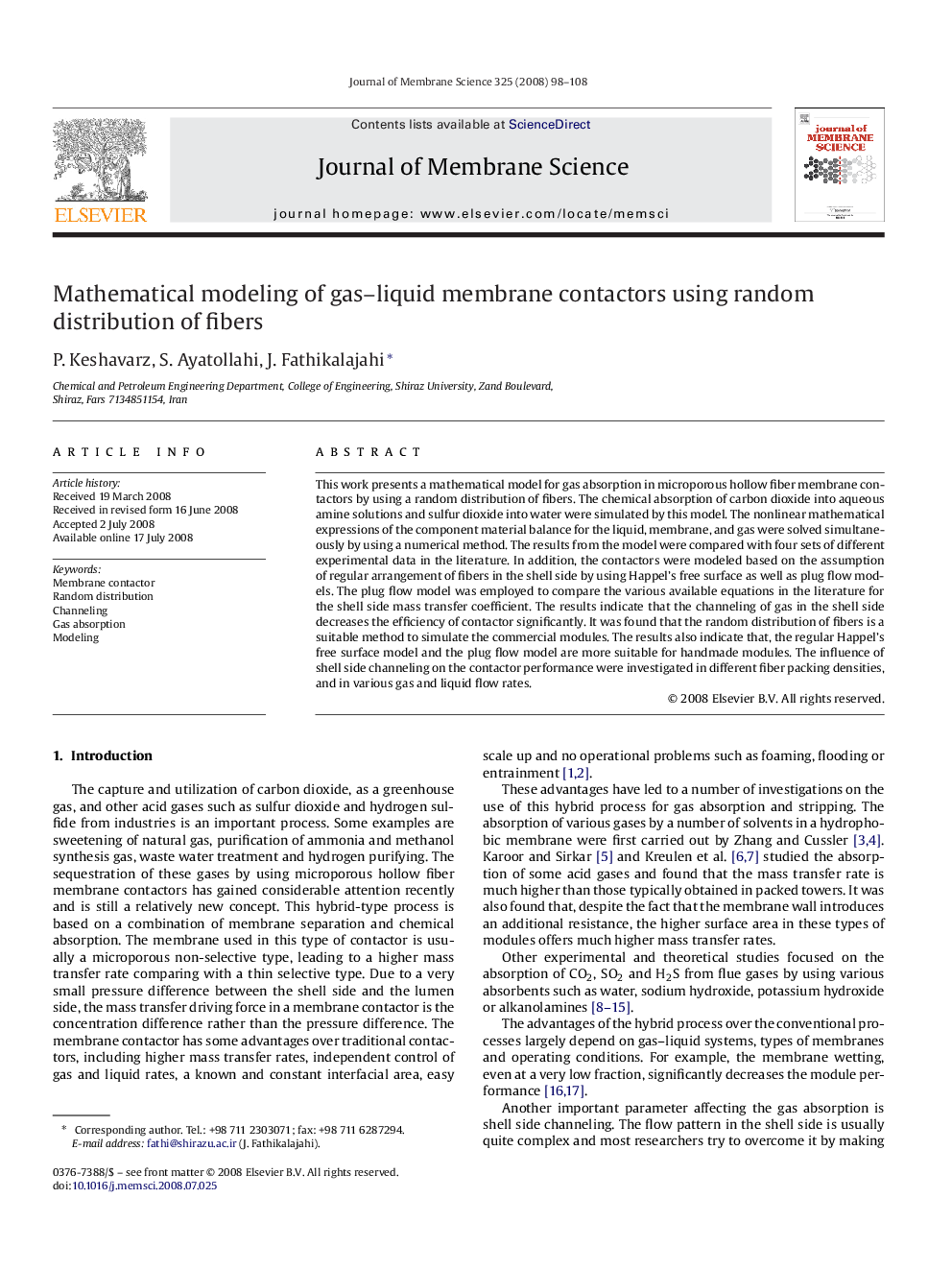 Mathematical modeling of gas–liquid membrane contactors using random distribution of fibers