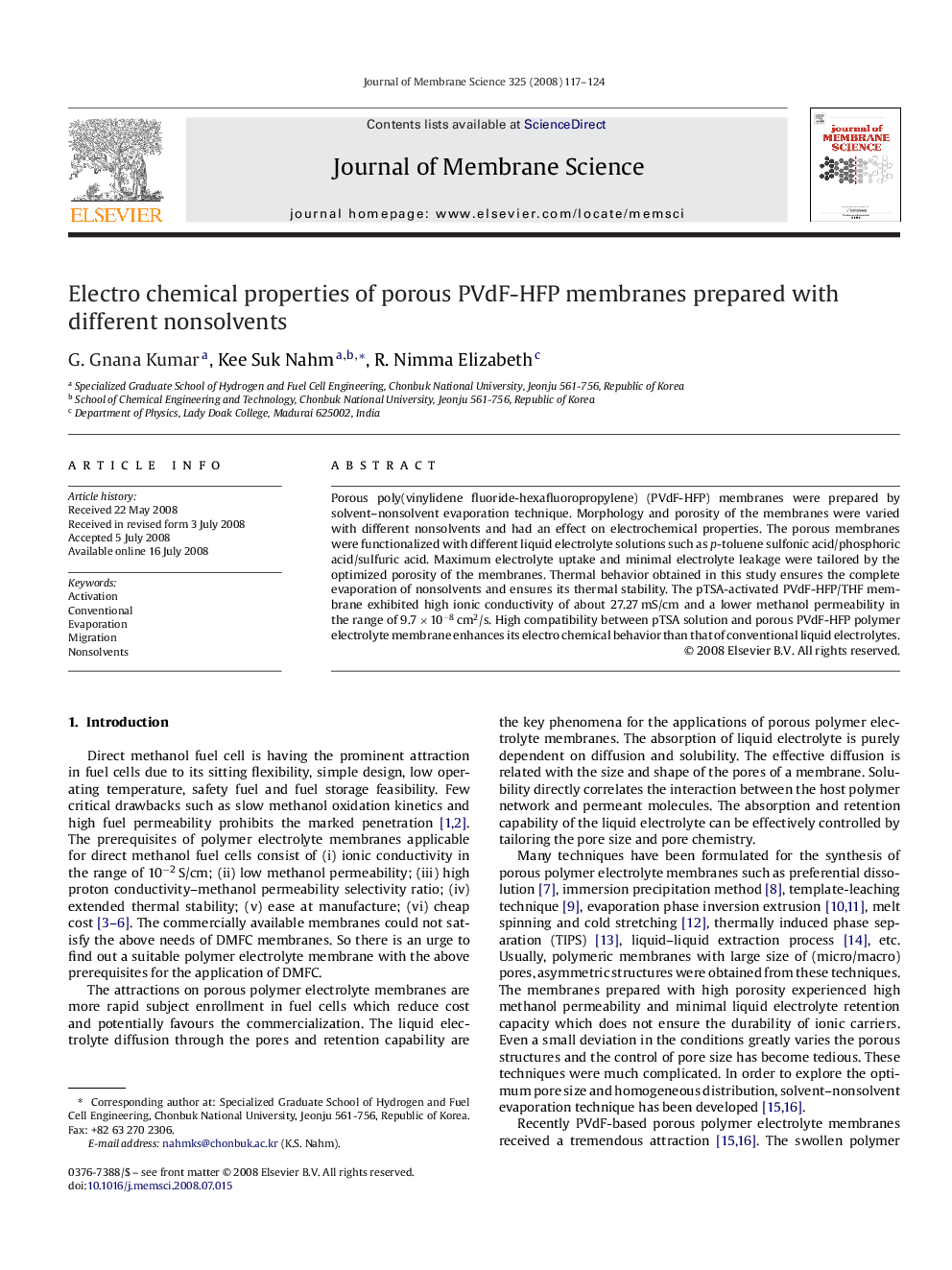 Electro chemical properties of porous PVdF-HFP membranes prepared with different nonsolvents