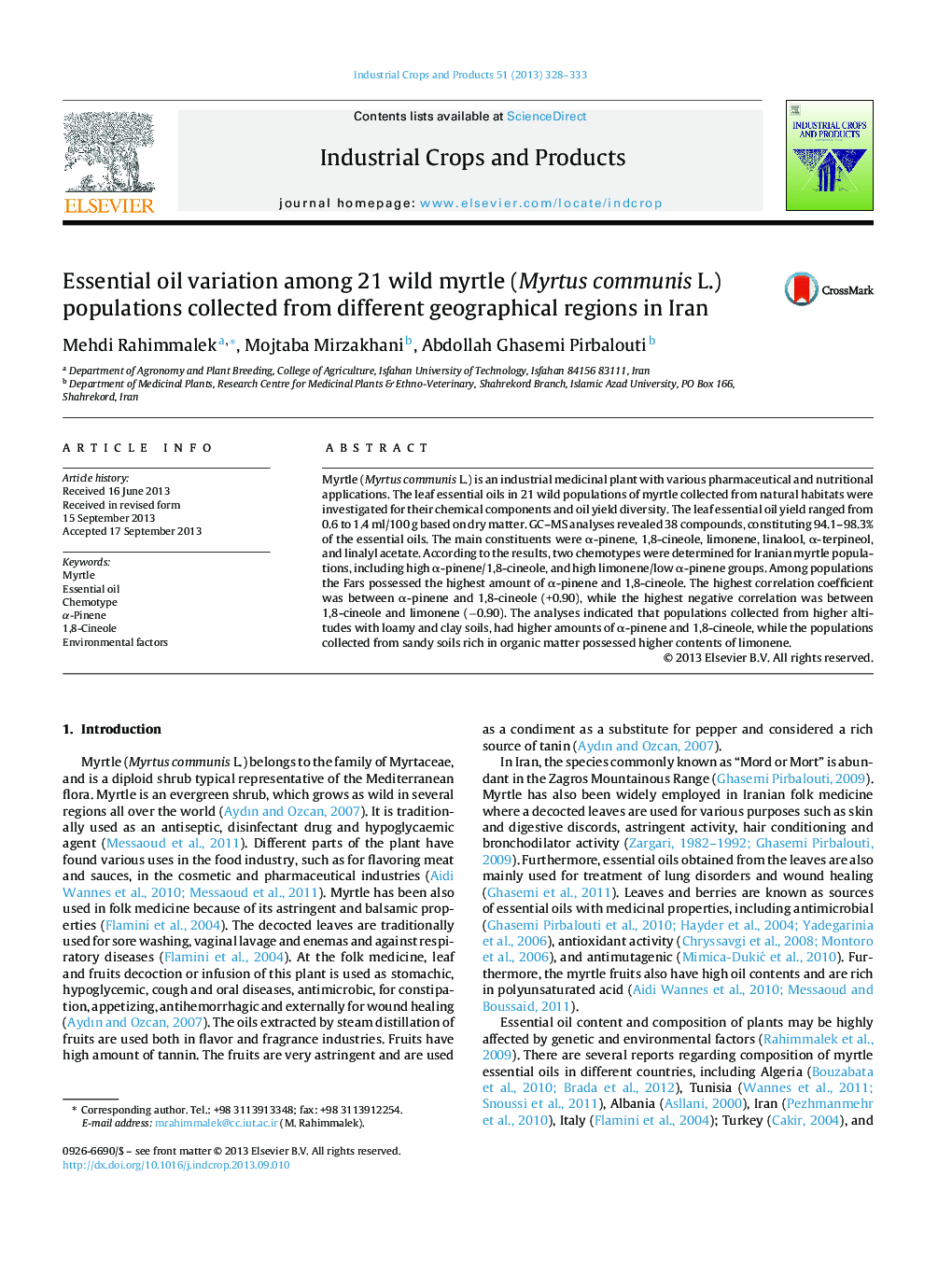 Essential oil variation among 21 wild myrtle (Myrtus communis L.) populations collected from different geographical regions in Iran