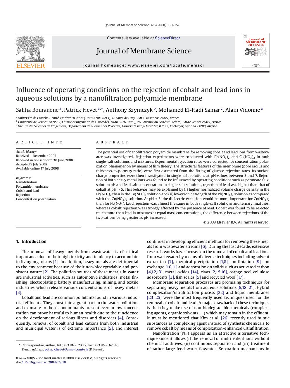 عکس صفحه اول مقاله: Influence of operating conditions on the rejection of cobalt and lead ions in aqueous solutions by a nanofiltration polyamide membrane Influence of operating conditions on the rejection of cobalt and lead ions in aqueous solutions by a nanofiltration polyamide membrane