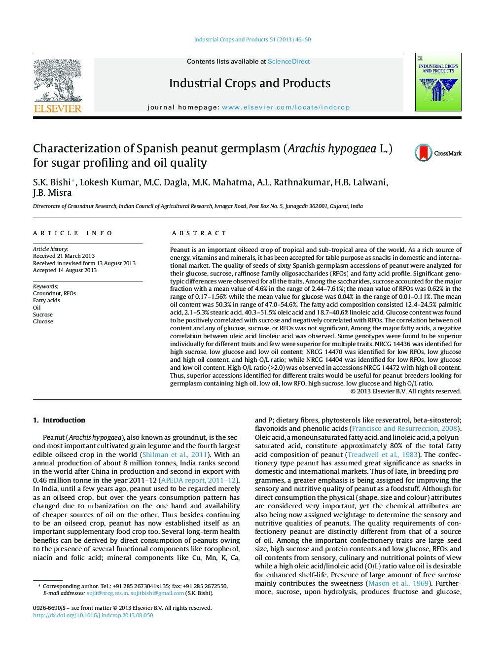 Characterization of Spanish peanut germplasm (Arachis hypogaea L.) for sugar profiling and oil quality