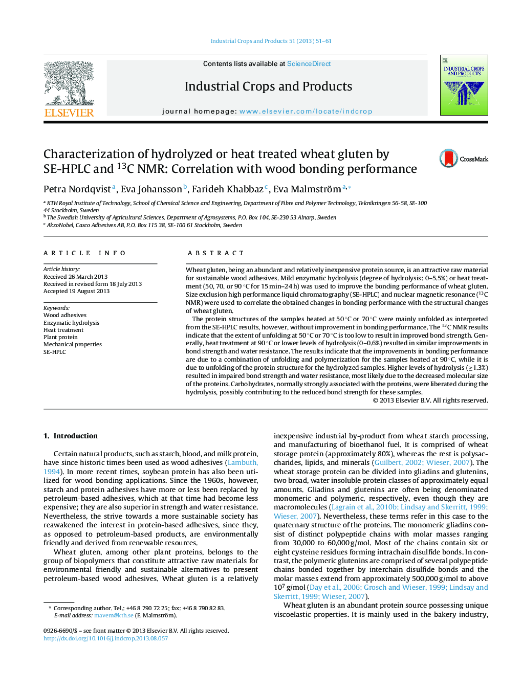 Characterization of hydrolyzed or heat treated wheat gluten by SE-HPLC and 13C NMR: Correlation with wood bonding performance