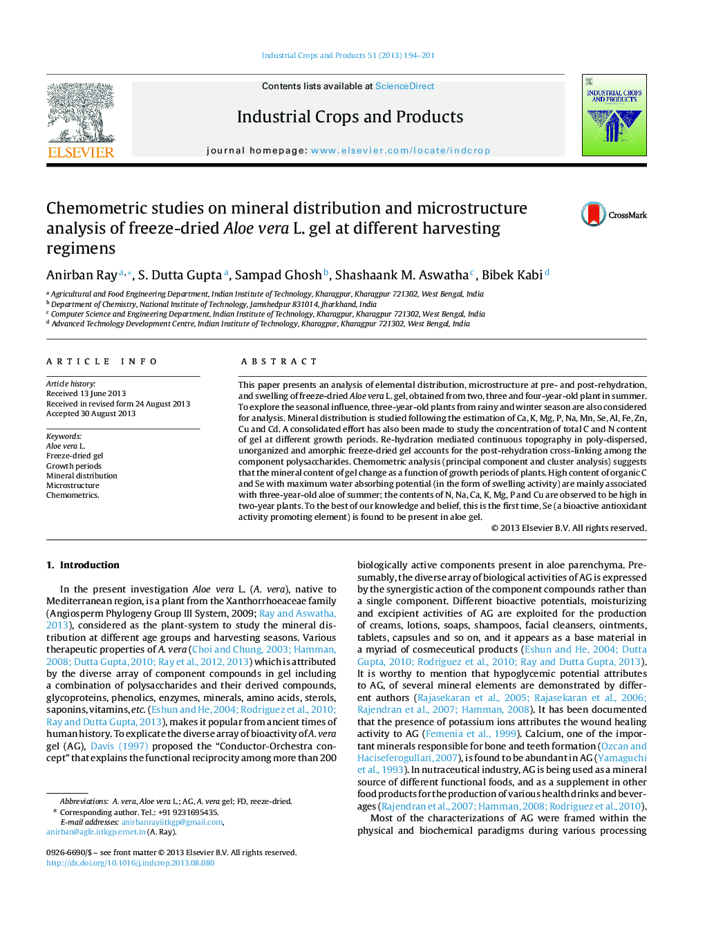 Chemometric studies on mineral distribution and microstructure analysis of freeze-dried Aloe vera L. gel at different harvesting regimens