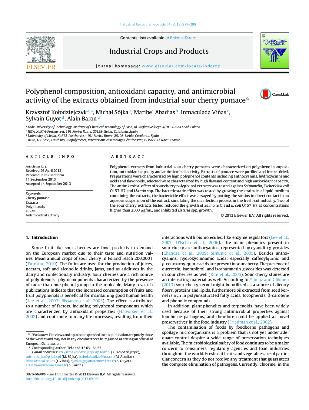 Polyphenol composition, antioxidant capacity, and antimicrobial activity of the extracts obtained from industrial sour cherry pomace