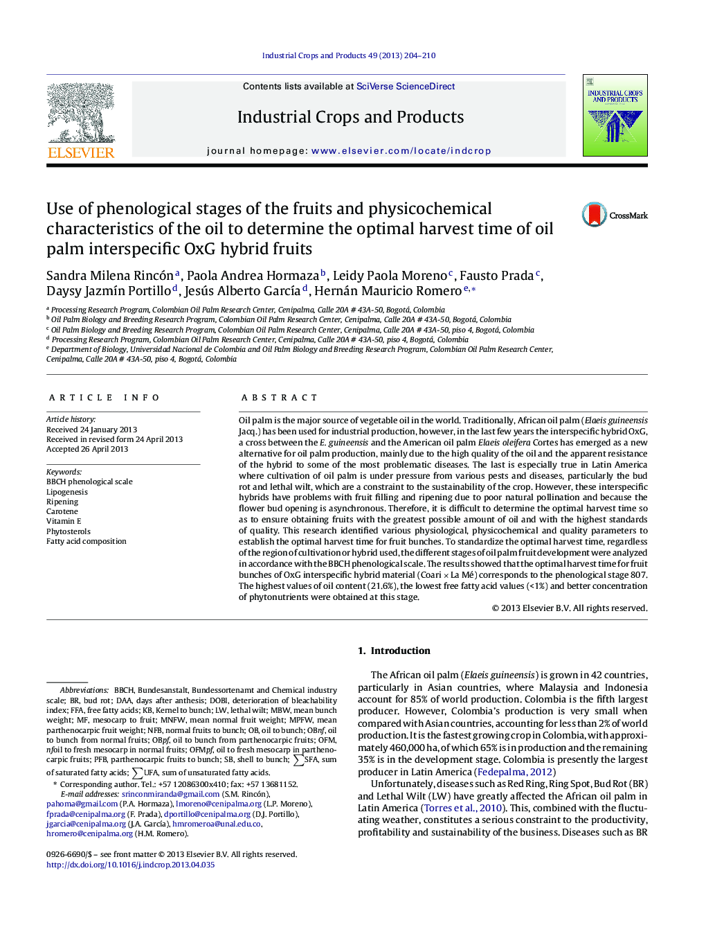 Use of phenological stages of the fruits and physicochemical characteristics of the oil to determine the optimal harvest time of oil palm interspecific OxG hybrid fruits